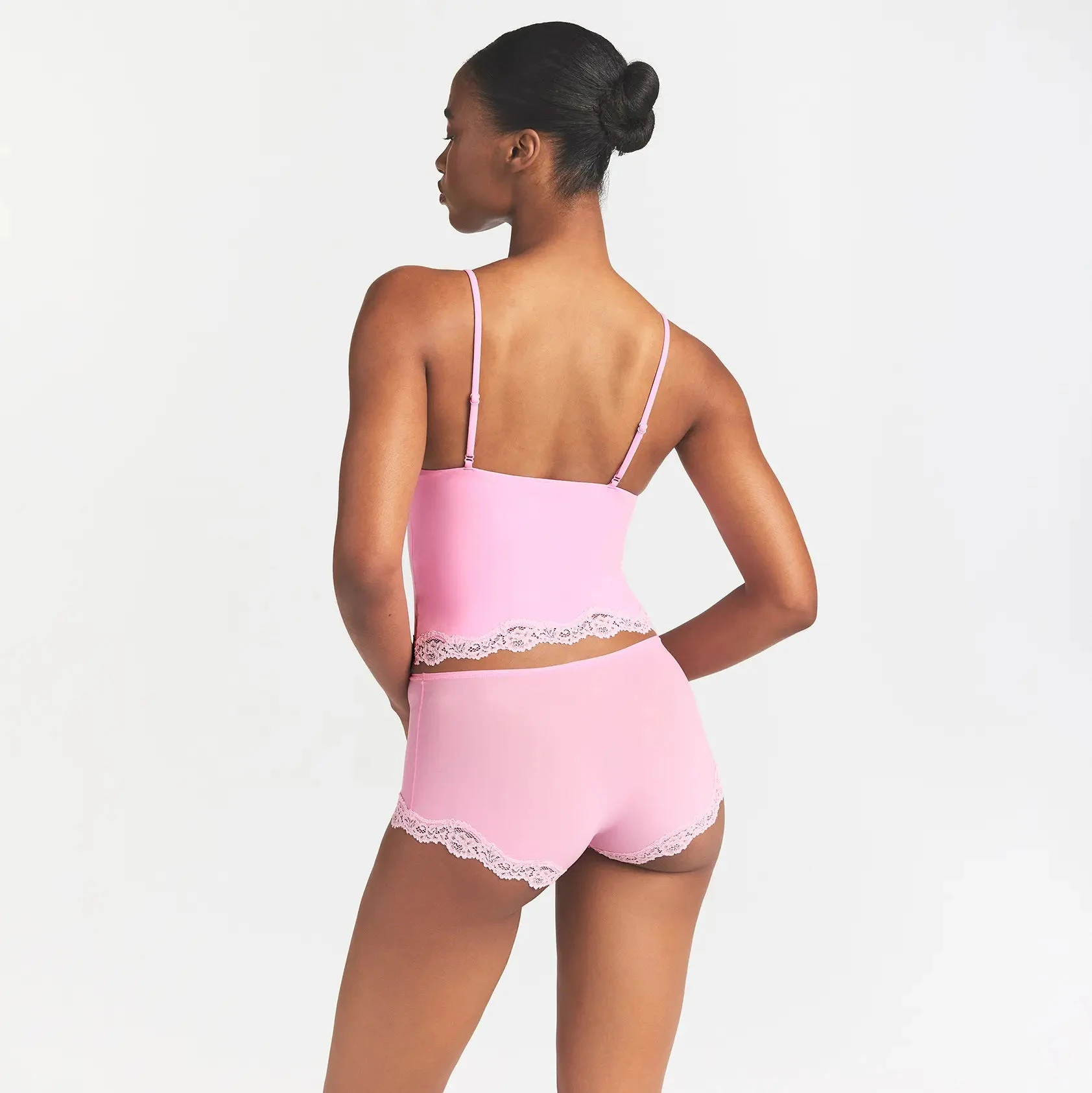 FITS EVERYBODY LACE TRIANGLE CAMI AND BOY SHORT SET | BUBBLE GUM TONAL ON A MODEL BACK VIEW @ | FOCUS: 0.0, 1.0, 0.9