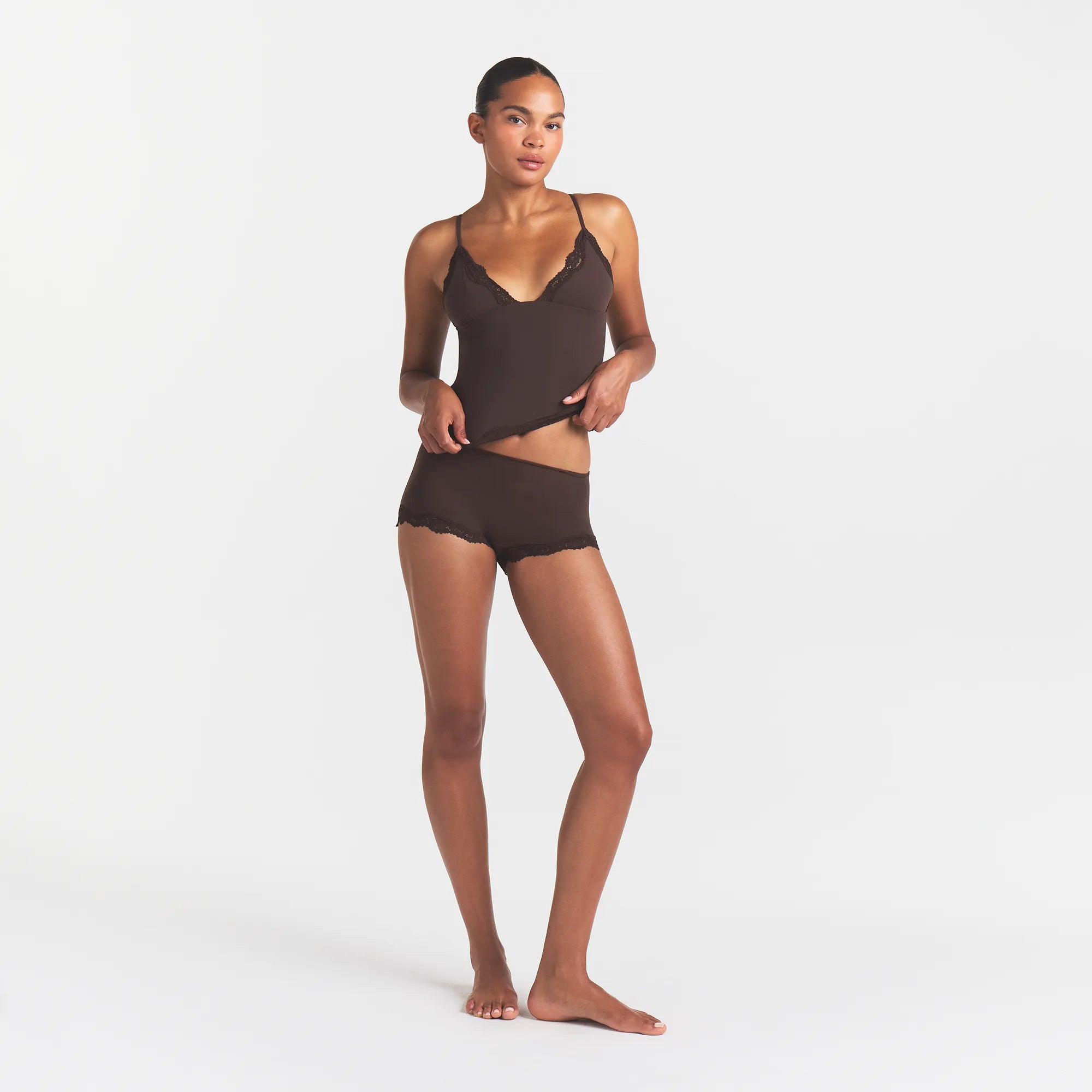 FITS EVERYBODY LACE TRIANGLE CAMI AND BOY SHORT SET | ESPRESSO ON A MODEL FRONT VIEW | FOCUS: 0.0, 1.0, 0.9