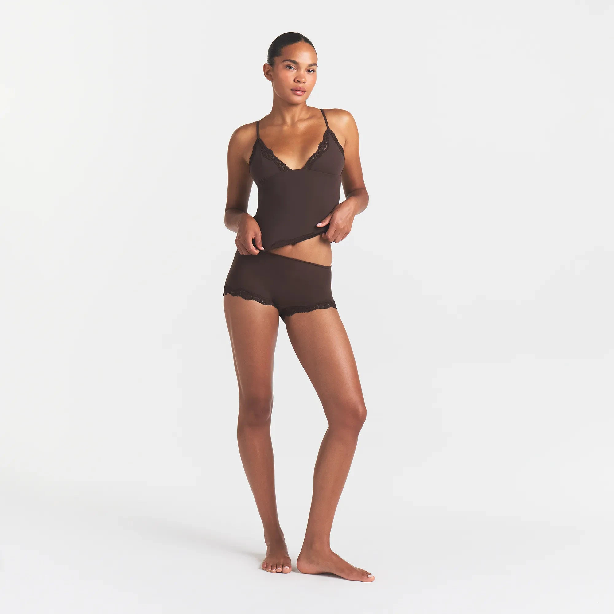 FITS EVERYBODY LACE TRIANGLE CAMI AND BOY SHORT SET | ESPRESSO ON A MODEL FRONT VIEW | FOCUS: 0.0, 1.0, 0.9
