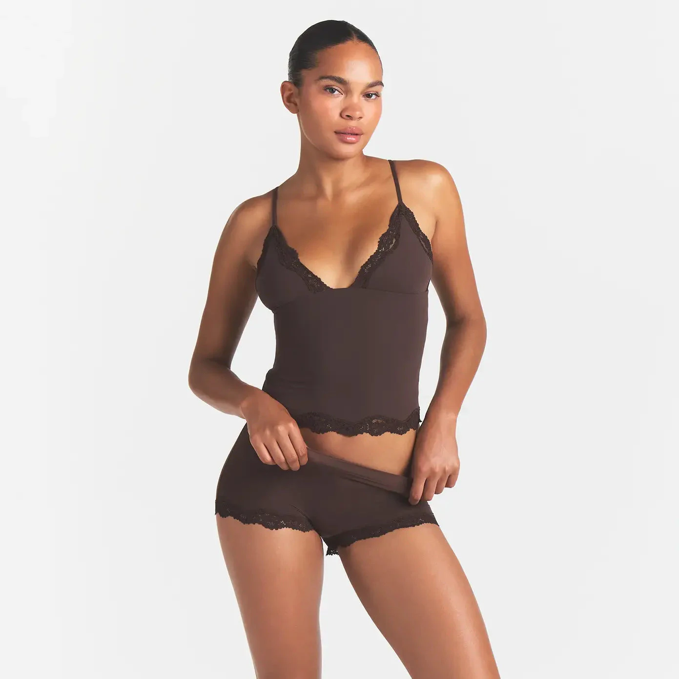 FITS EVERYBODY LACE TRIANGLE CAMI AND BOY SHORT SET | ESPRESSO ON A MODEL FRONT VIEW | FOCUS: 0.0, 1.0, 0.9