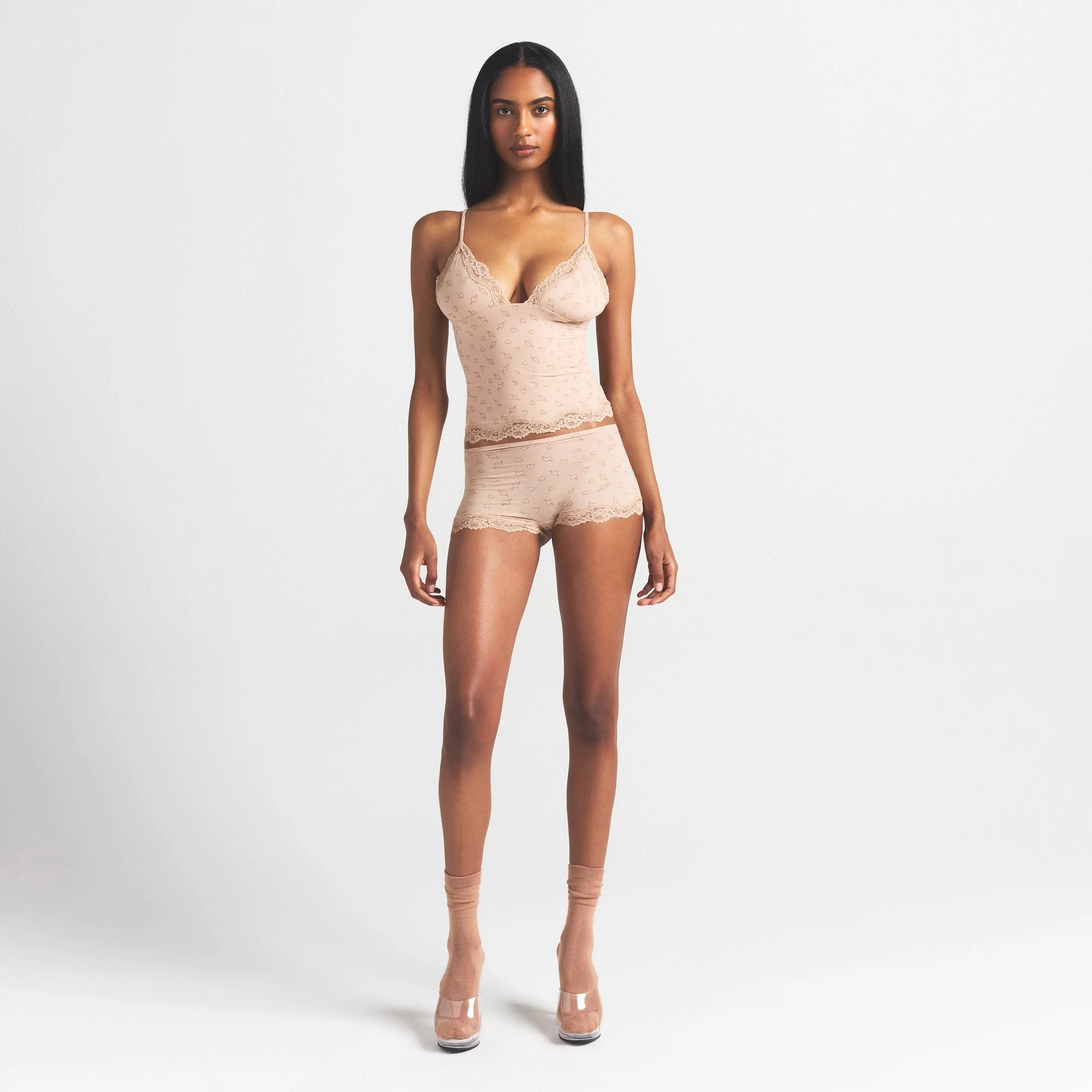 FITS EVERYBODY LACE TRIANGLE CAMI AND BOY SHORT SET | MICA SKETCHED HEARTS ON A MODEL FRONT VIEW @ | FOCUS: 0.0, 1.0, 0.9
