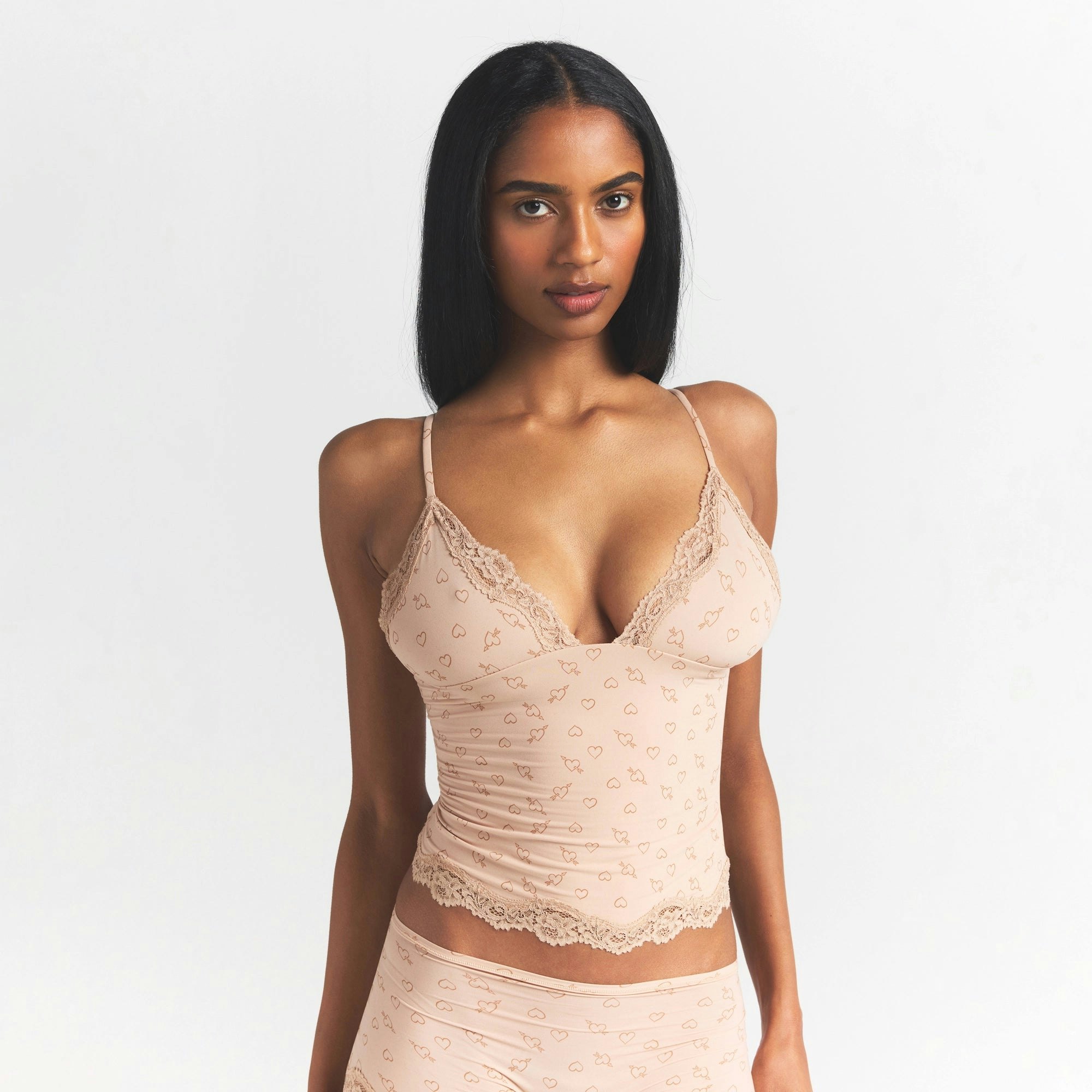 FITS EVERYBODY LACE TRIANGLE CAMI AND BOY SHORT SET | MICA SKETCHED HEARTS ON A MODEL SIDE VIEW @ | FOCUS: 0.0, 1.0, 0.9