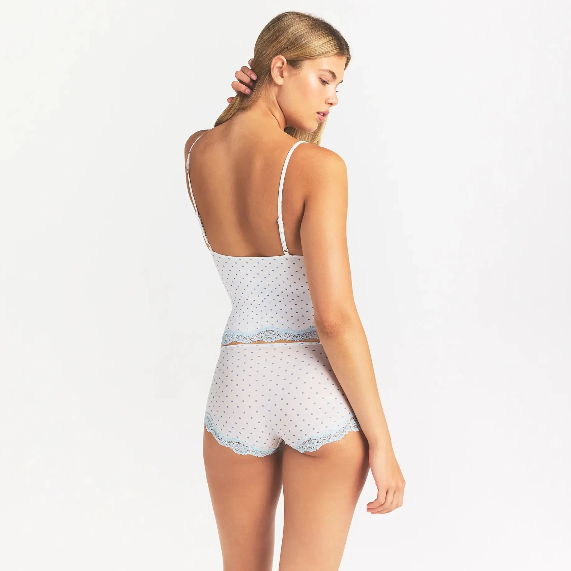 FITS EVERYBODY LACE TRIANGLE CAMI AND BOY SHORT SET | SLATE PIN DOT PRINT ON A MODEL BACK VIEW @ | FOCUS: 0.0, 1.0, 0.9