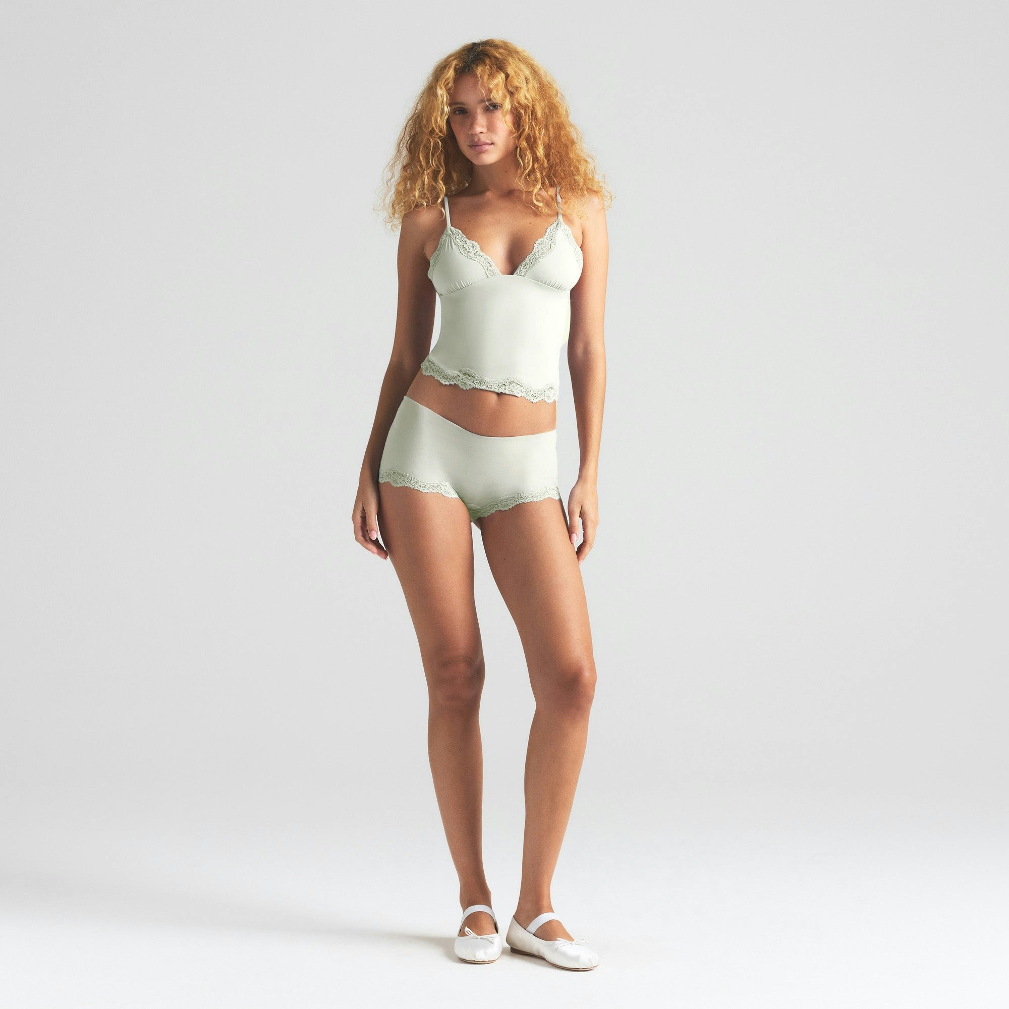 FITS EVERYBODY LACE TRIANGLE CAMI AND BOY SHORT SET | SPEARMINT ON A MODEL FRONT VIEW | FOCUS: 0.0, 1.0, 0.9