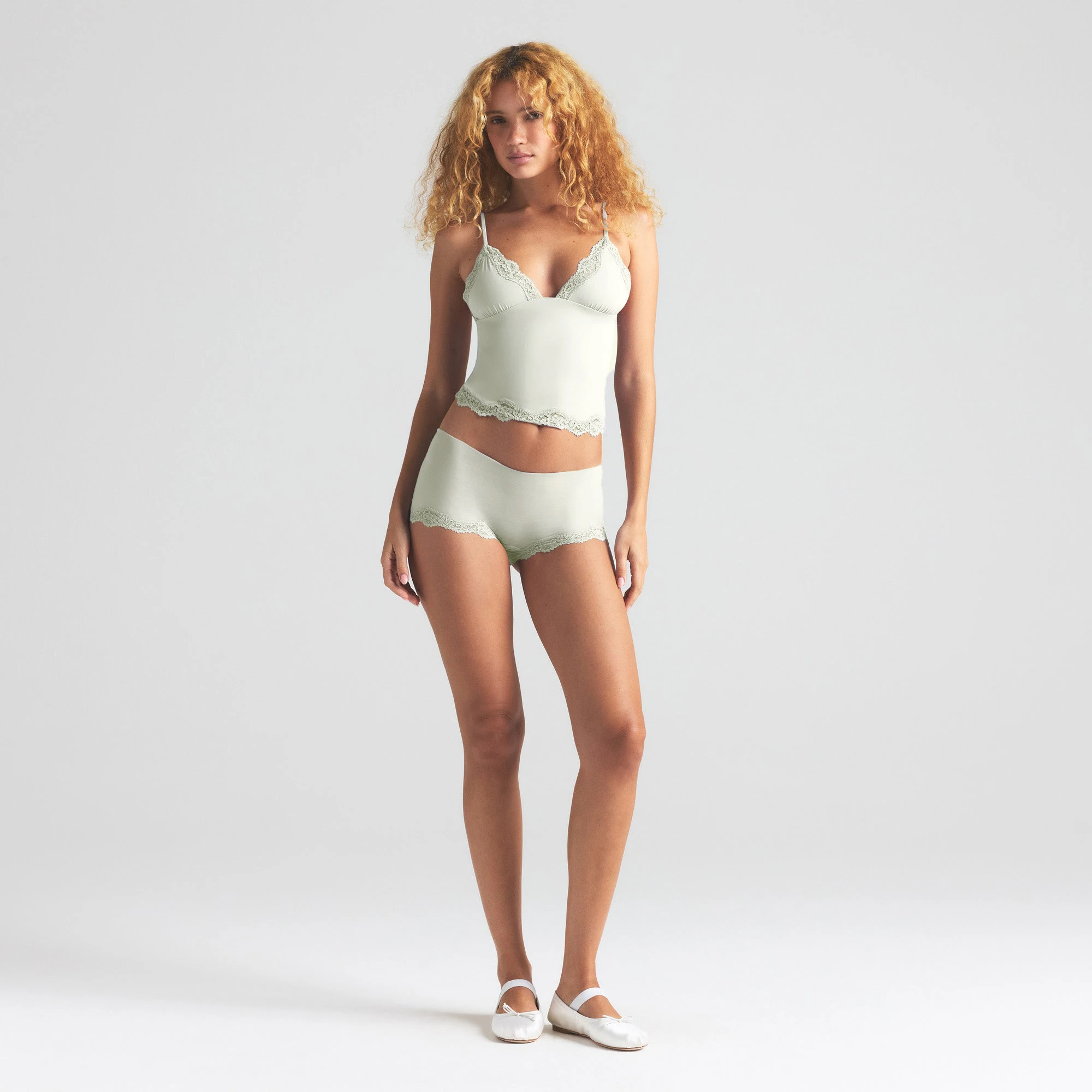 FITS EVERYBODY LACE TRIANGLE CAMI AND BOY SHORT SET | SPEARMINT ON A MODEL FRONT VIEW | FOCUS: 0.0, 1.0, 0.9
