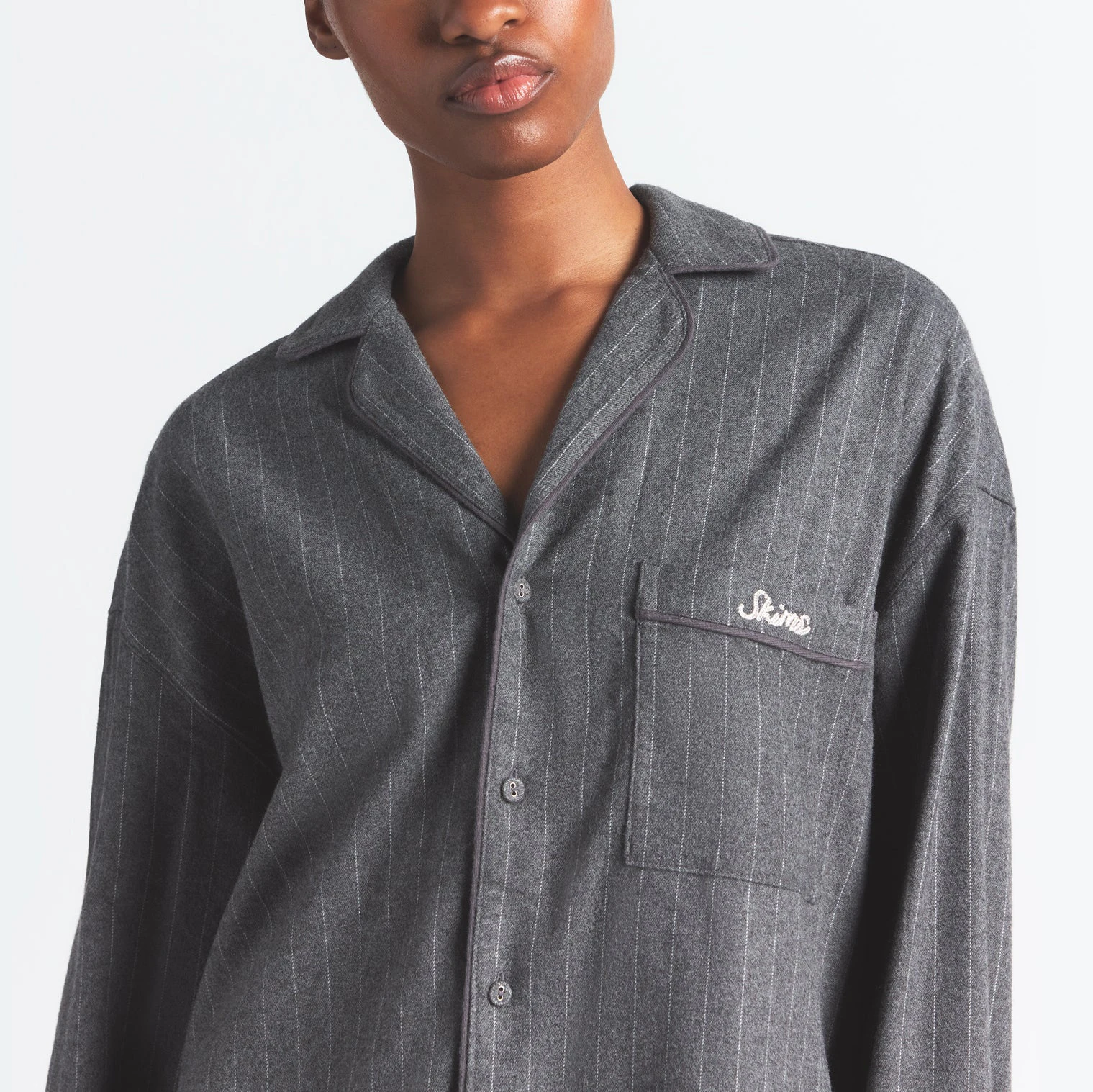 HEAVY FLANNEL SLEEP SET | HEATHER GREY STRIPE ON A MODEL FRONT VIEW @ | FOCUS: 0.0, 1.0, 0.9