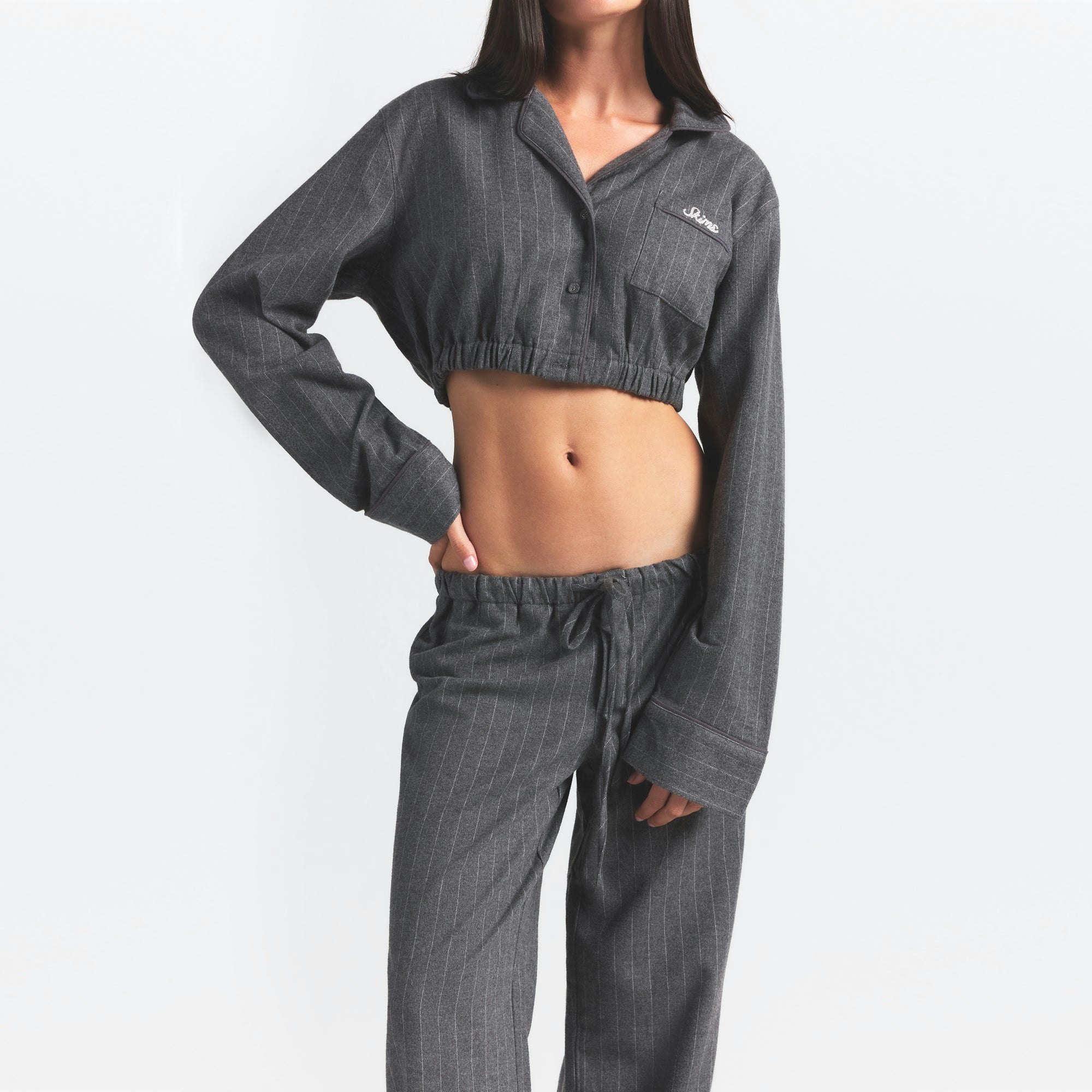 HEAVY FLANNEL CROPPED SLEEP SET | HEATHER GREY STRIPE ON A MODEL SIDE VIEW @ | FOCUS: 0.0, 1.0, 0.9