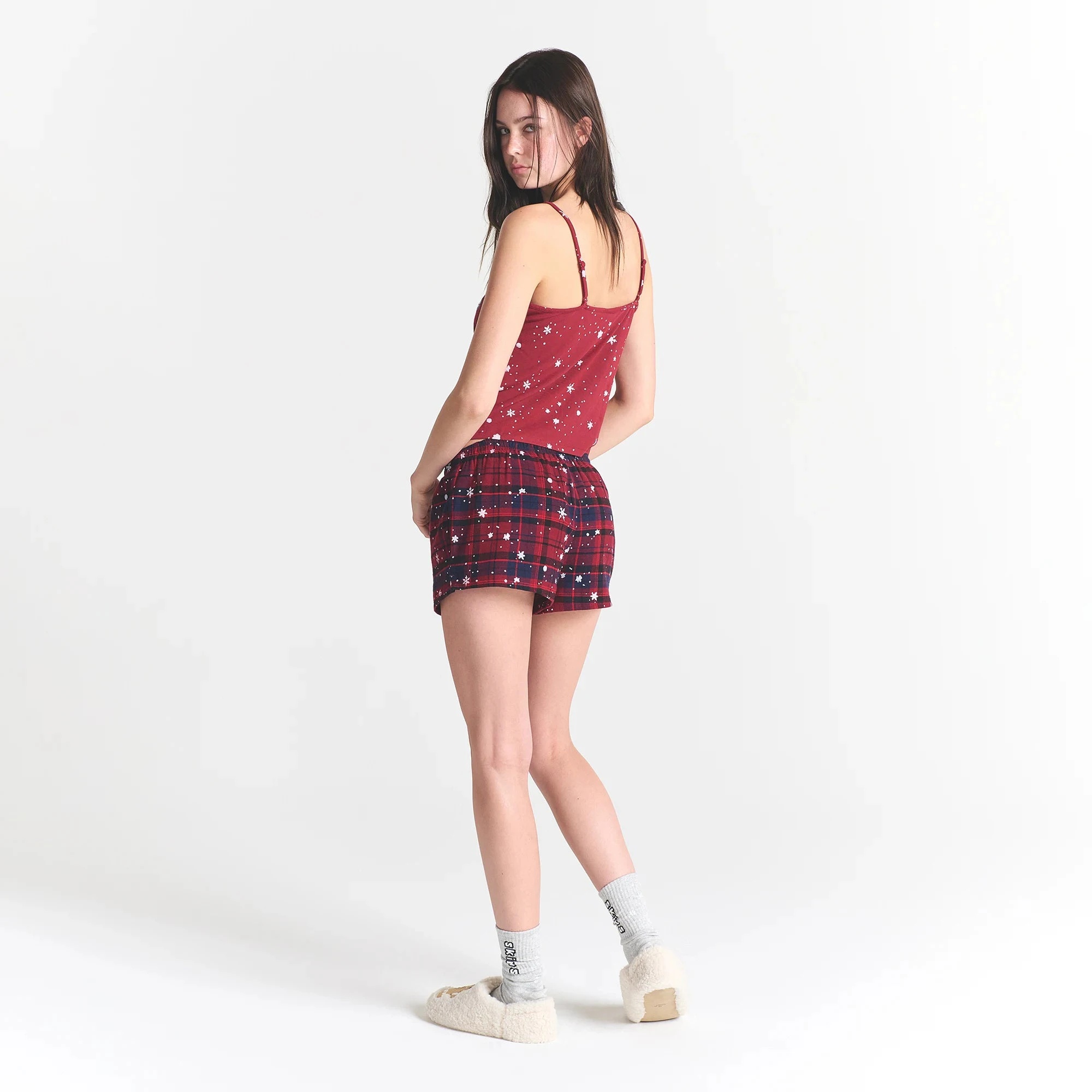 CACTUS PLANT FLEA MARKET X SKIMS SKIMS SLEEP LACE TANK AND FLANNEL SHORT SET | MERLOT UNWRAP ME SNOW PRINT ON A MODEL BACK VIEW @ | FOCUS: 0.0, 1.0, 0.9