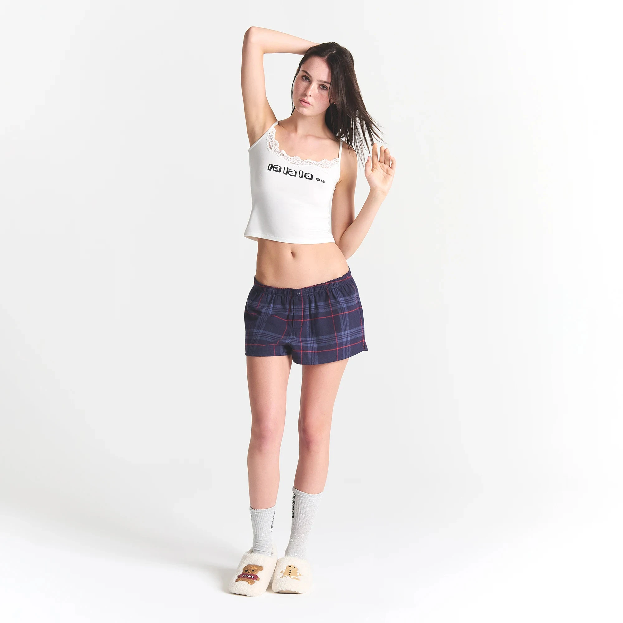 CACTUS PLANT FLEA MARKET X SKIMS SKIMS SLEEP LACE TANK AND FLANNEL SHORT SET | MARBLE FA LA LA PRINT ON A MODEL FRONT VIEW @ | FOCUS: 0.0, 1.0, 0.9