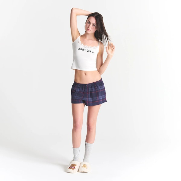 CACTUS PLANT FLEA MARKET X SKIMS SKIMS SLEEP LACE TANK AND FLANNEL SHORT SET | MARBLE FA LA LA PRINT ON A MODEL FRONT VIEW @ | FOCUS: 0.0, 1.0, 0.9