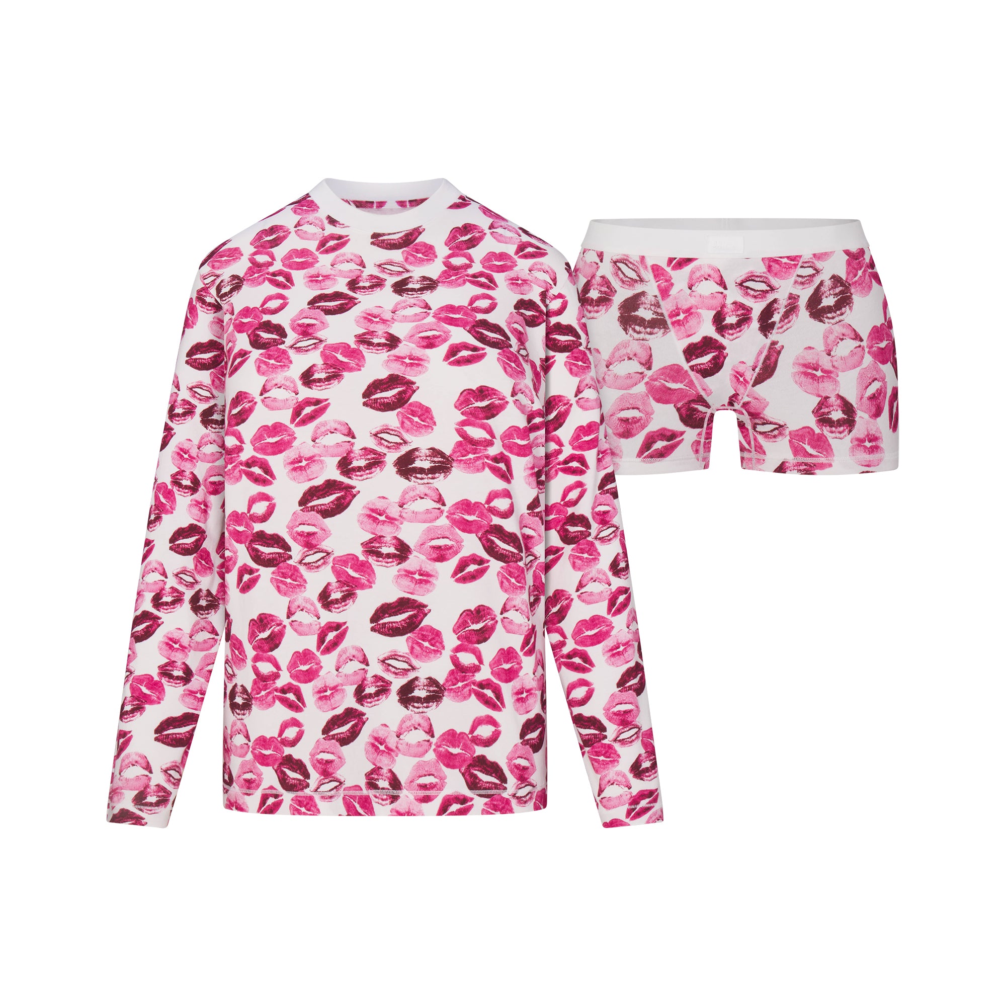BOYFRIEND LONG SLEEVE T-SHIRT AND SHORT BOXER SET | PINK ALLOVER LIPSTICK FLAT ON A WHITE BACKGROUND | FLT
