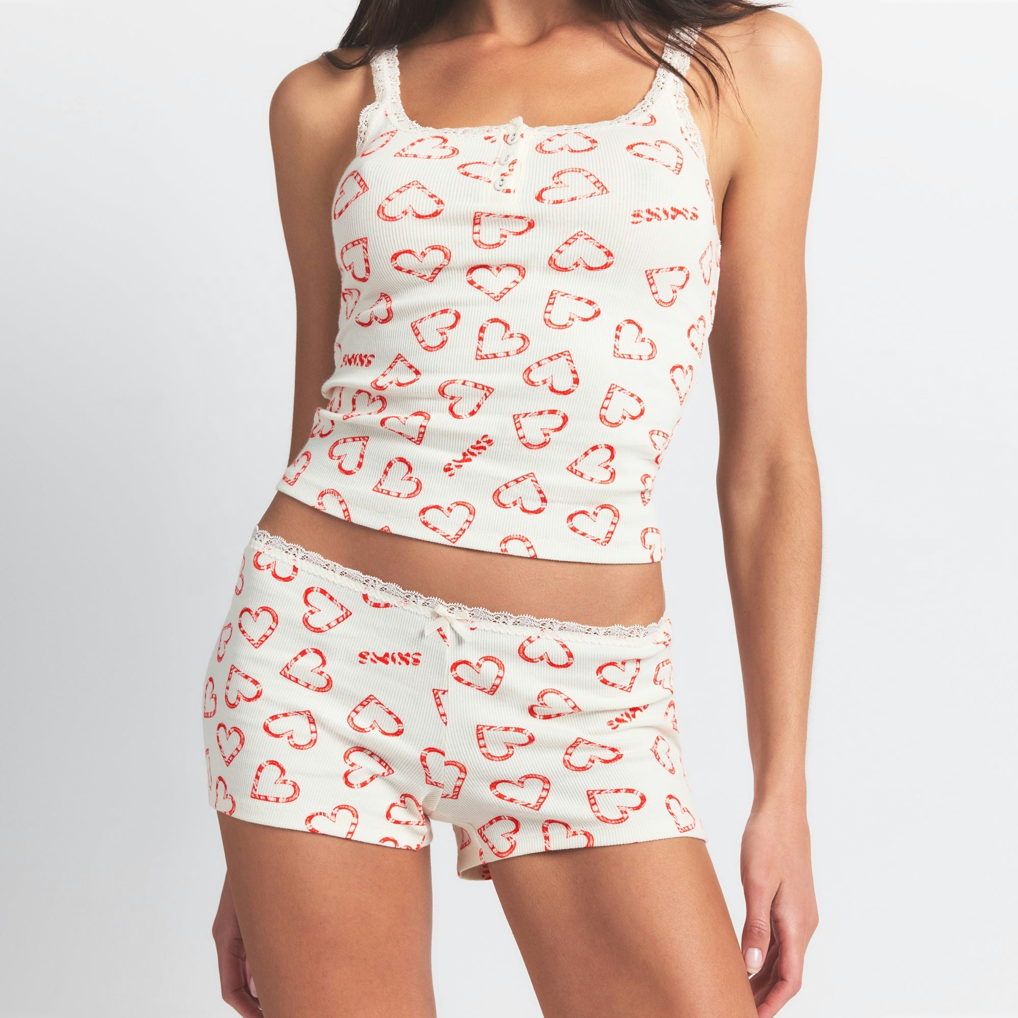COTTON RIB LACE TANK AND SHORT SET | MARBLE CANDY HEART PRINT ON A MODEL SIDE VIEW @ | FOCUS: 0.0, 1.0, 0.9