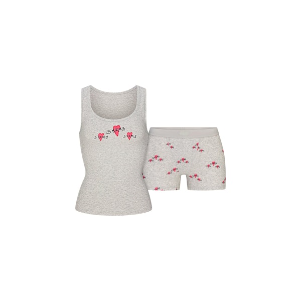 COTTON RIB TANK AND SHORT SET | LIGHT HEATHER GREY TRIPLE HEARTS FLAT ON A WHITE BACKGROUND | FLT