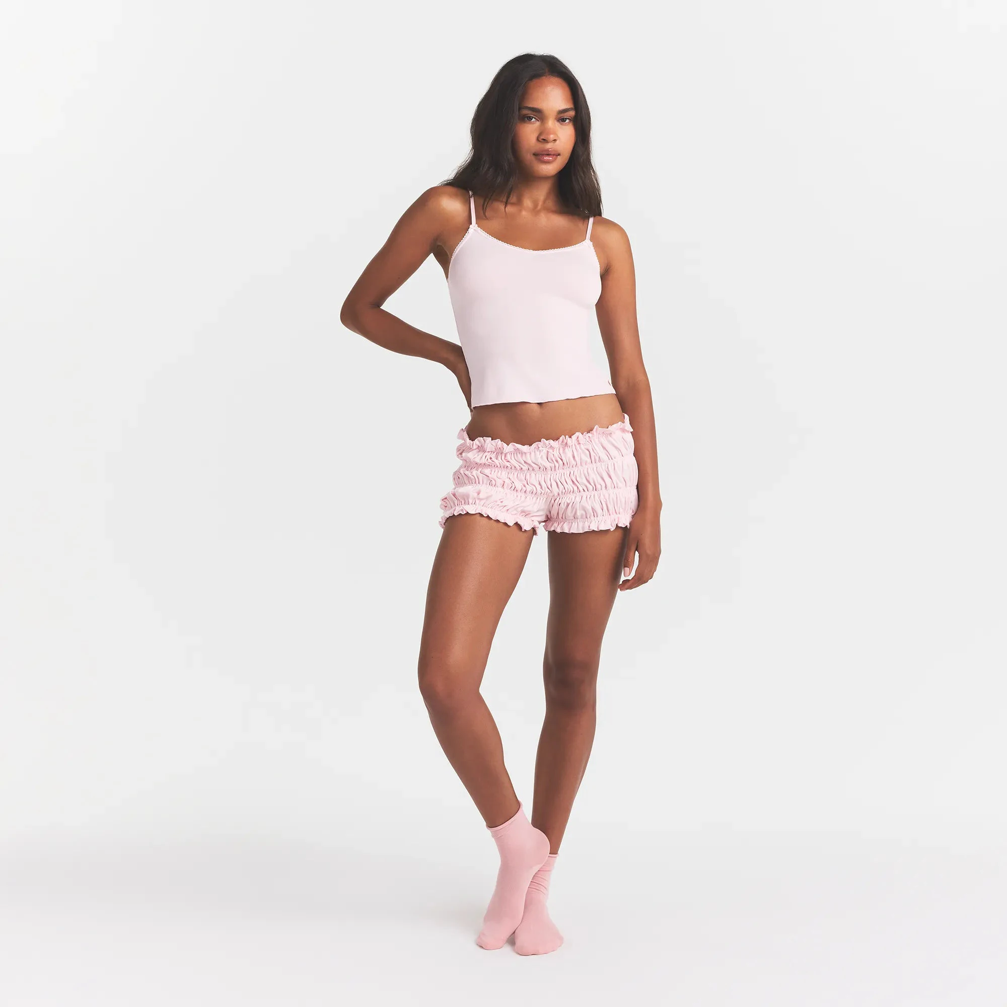 SKIMS SLEEP CAMI AND BLOOMER SET | BARELY PINK ON A MODEL FRONT VIEW @ | FOCUS: 0.0, 1.0, 0.9