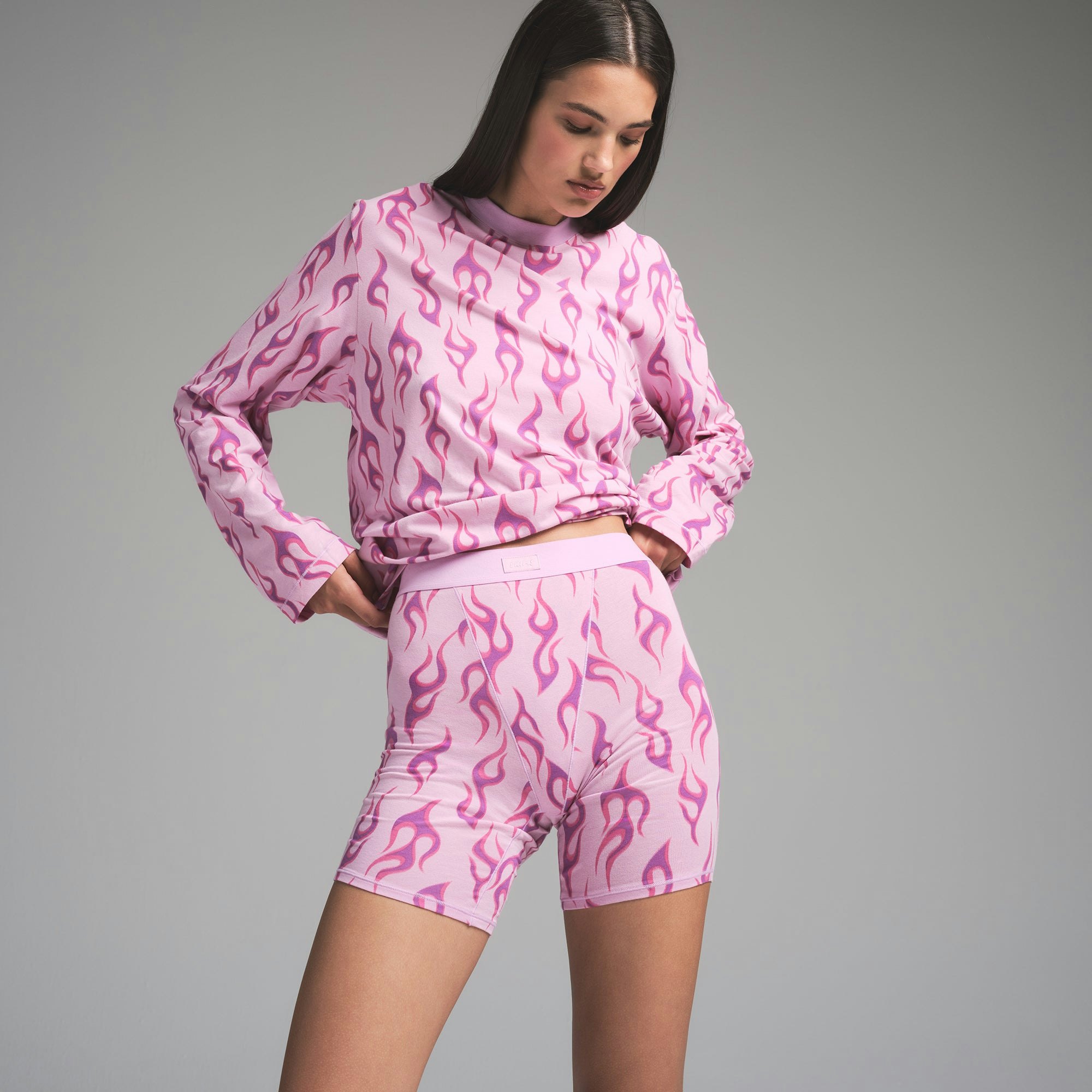 BOYFRIEND LONG SLEEVE AND BOXER SET | PETAL FLAME PRINT ON A MODEL FRONT VIEW | FOCUS: 0.0, 1.0, 0.9