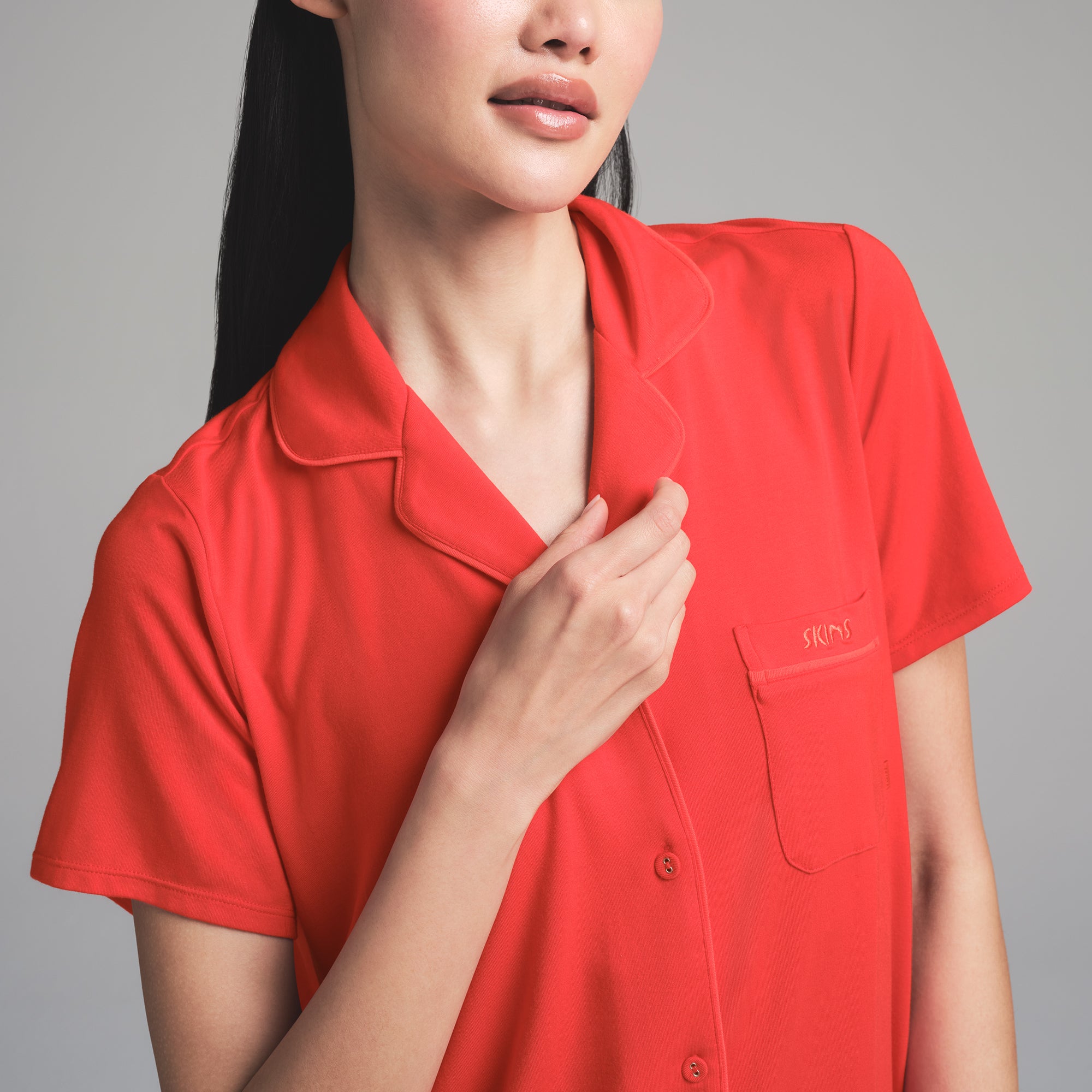 SKIMS SLEEP SHORT SLEEVE BUTTON UP SET | RUBY