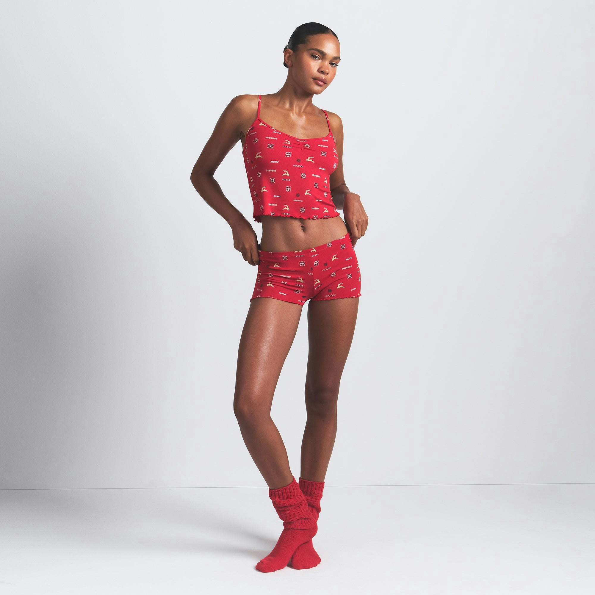 SKIMS SLEEP CAMI SET | CRANBERRY VINTAGE DEER PRINT ON A MODEL FRONT VIEW @ | FOCUS: 0.0, 1.0, 0.9