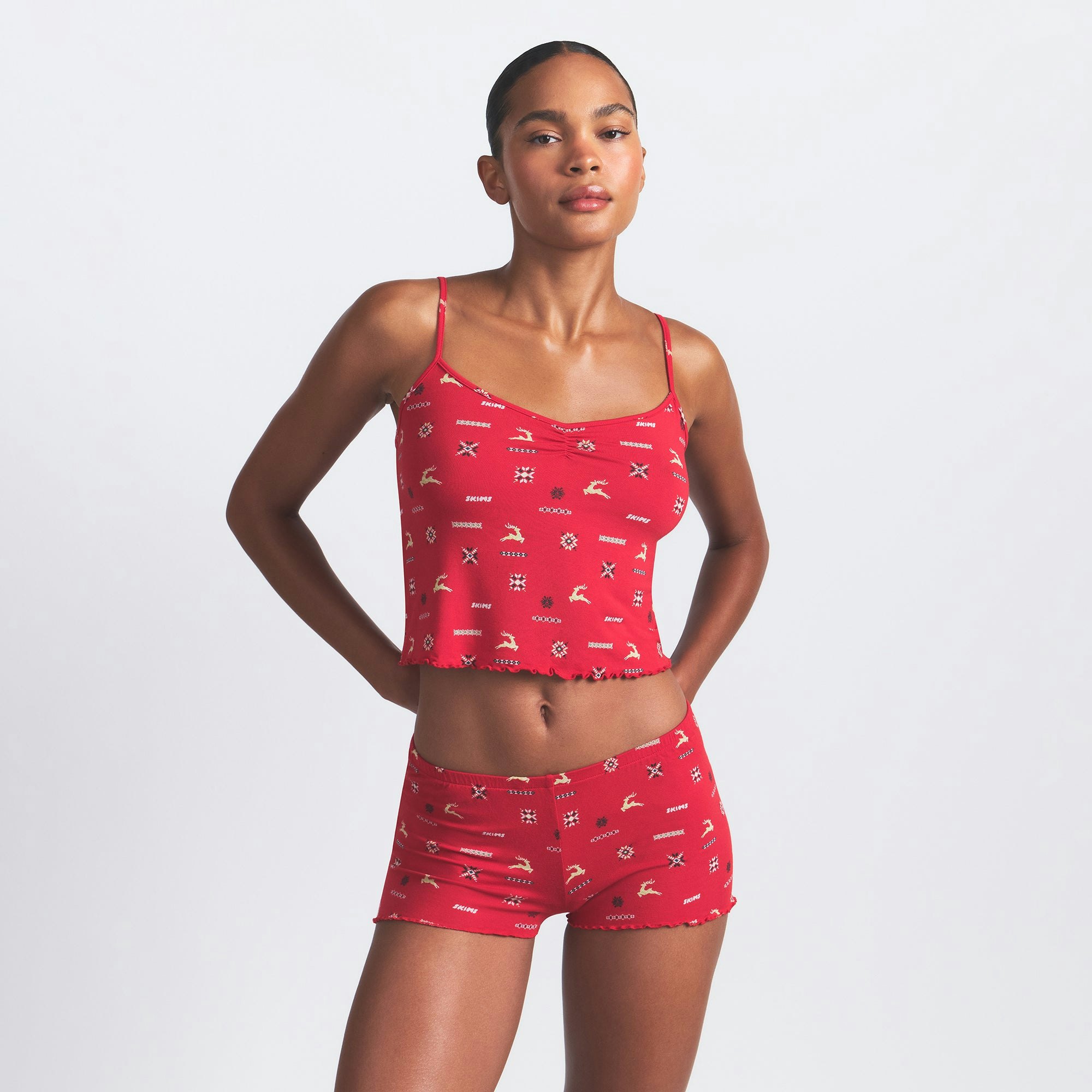 SKIMS SLEEP CAMI SET | CRANBERRY VINTAGE DEER PRINT ON A MODEL FRONT VIEW @ | FOCUS: 0.0, 1.0, 0.9