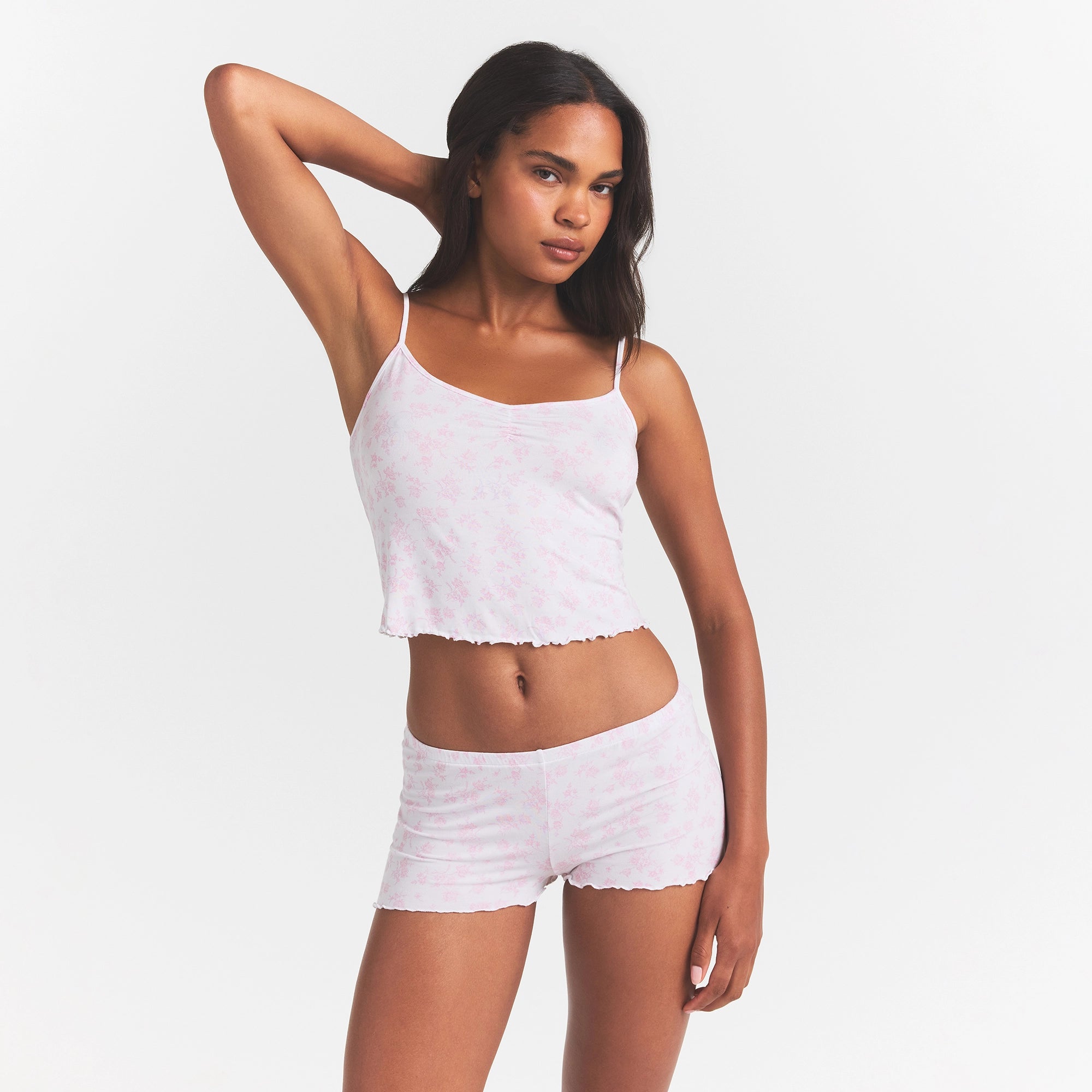 SKIMS SLEEP CAMI SET | SNOW DELICATE FLORAL PRINT ON A MODEL FRONT VIEW