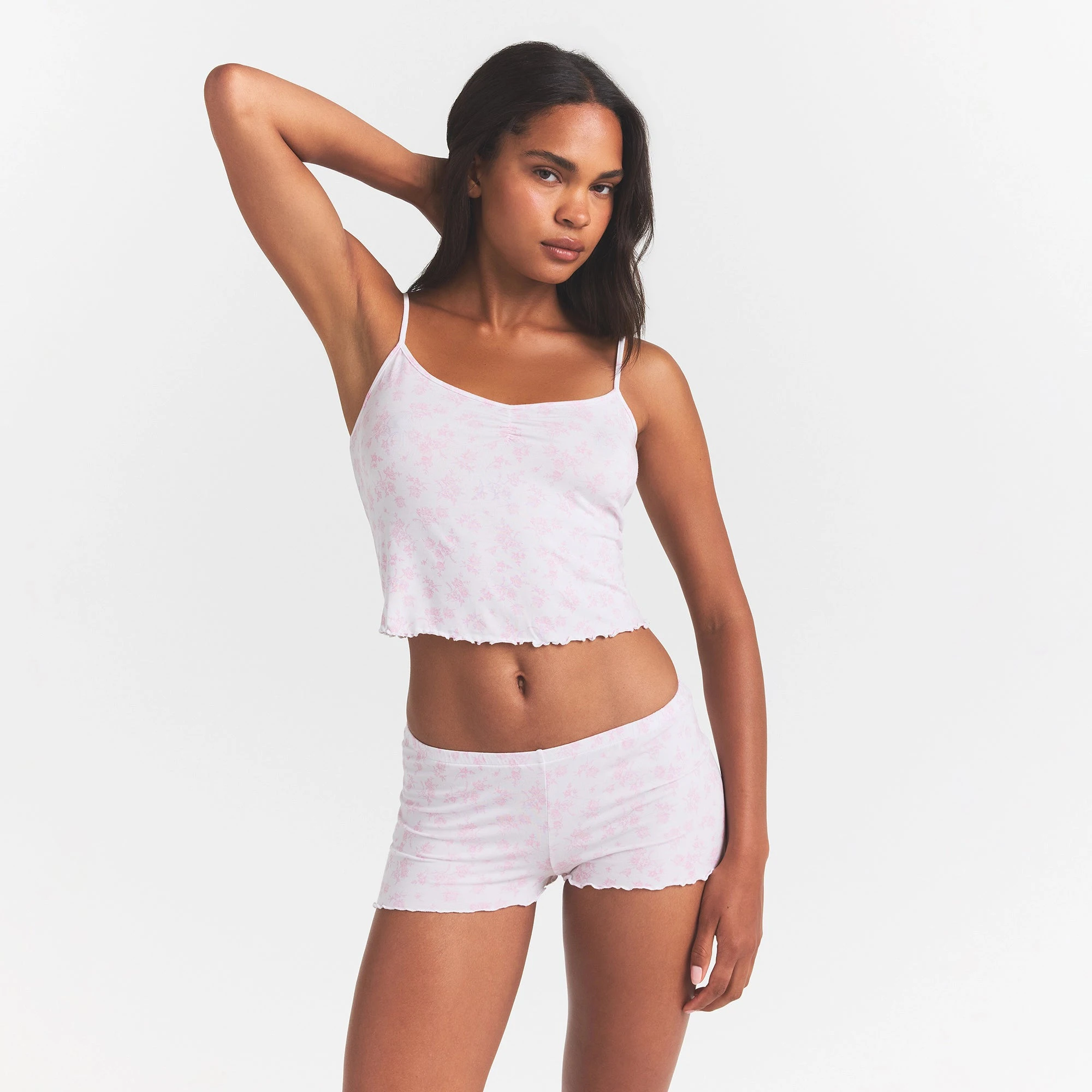 SKIMS SLEEP CAMI SET | SNOW DELICATE FLORAL PRINT ON A MODEL FRONT VIEW