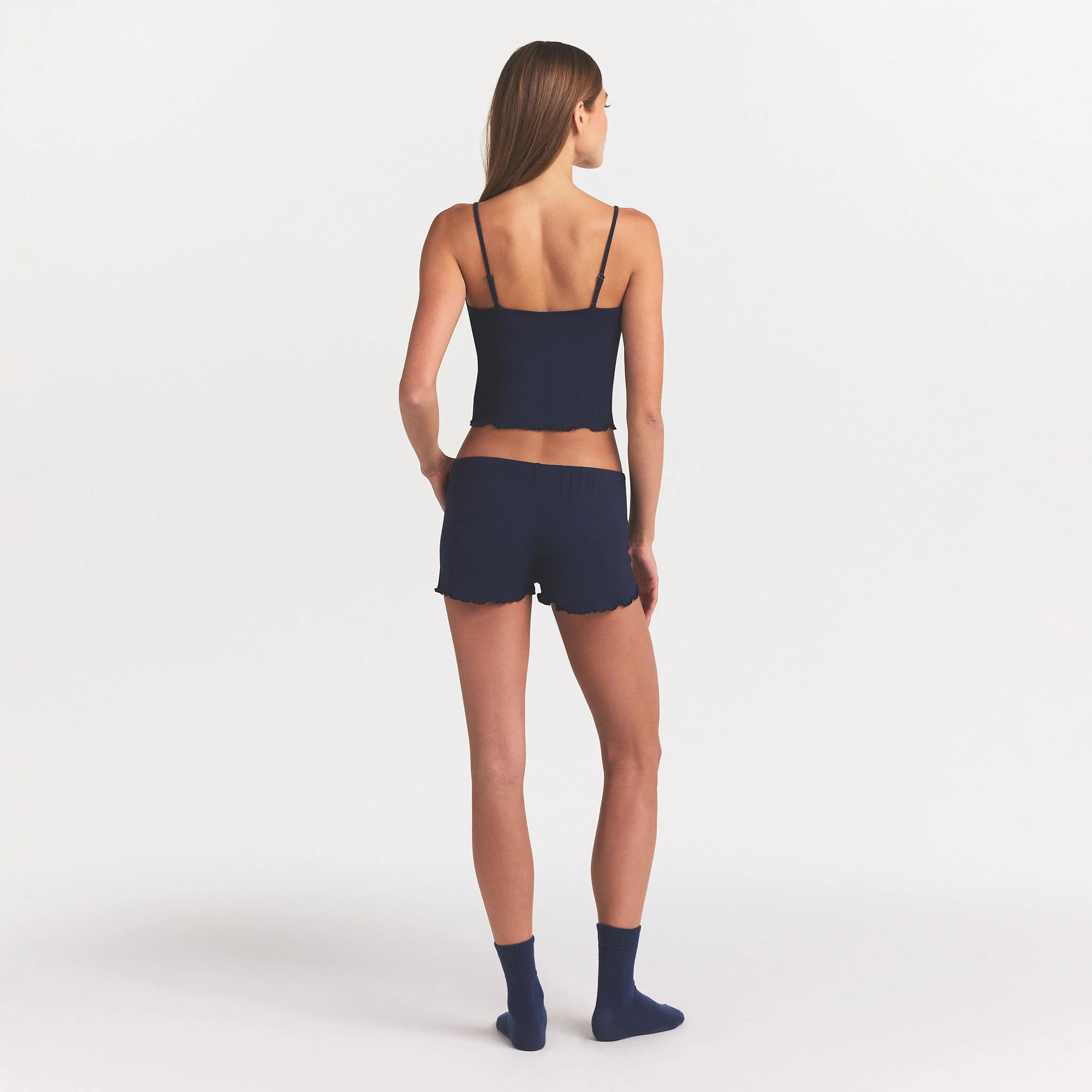 SKIMS SLEEP CAMI SET | NAVY ON A MODEL FRONT VIEW @ | FOCUS: 0.0, 1.0, 0.9