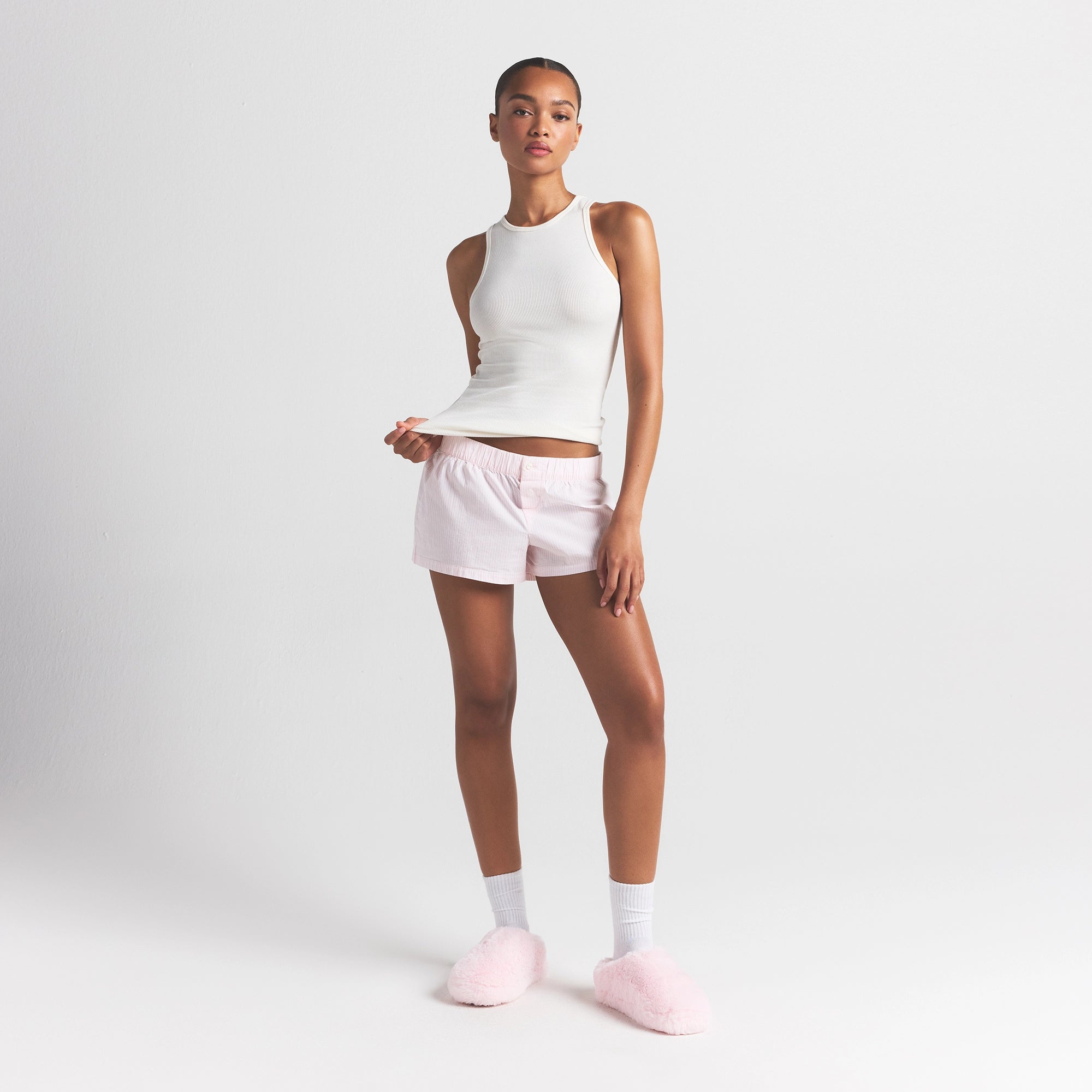 COTTON POPLIN BOXER SLEEP SET | CHERRY BLOSSOM STRIPE ON A MODEL FRONT VIEW @ | FOCUS: 0.0, 1.0, 0.9