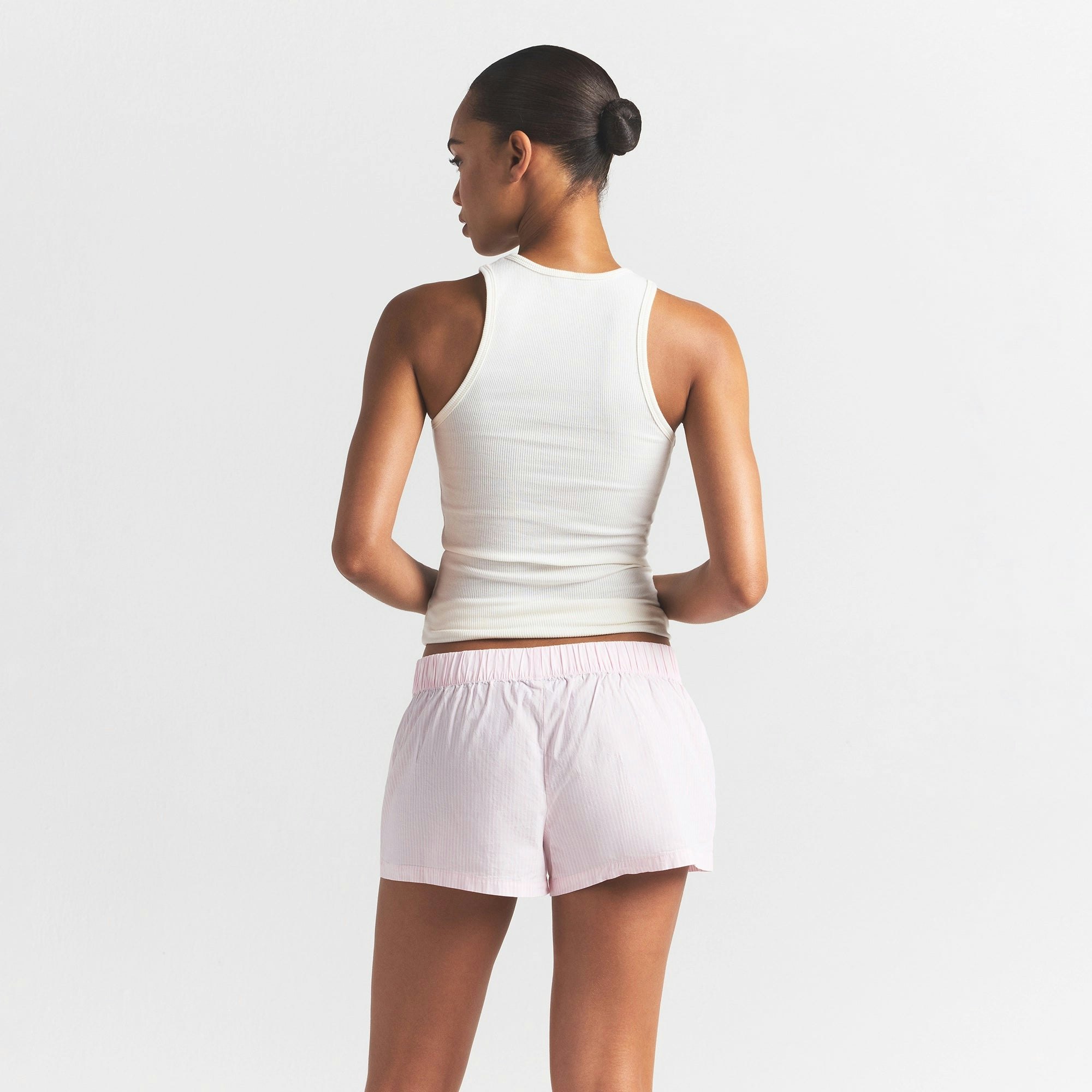 COTTON POPLIN BOXER SLEEP SET | CHERRY BLOSSOM STRIPE ON A MODEL BACK VIEW @ | FOCUS: 0.0, 1.0, 0.9