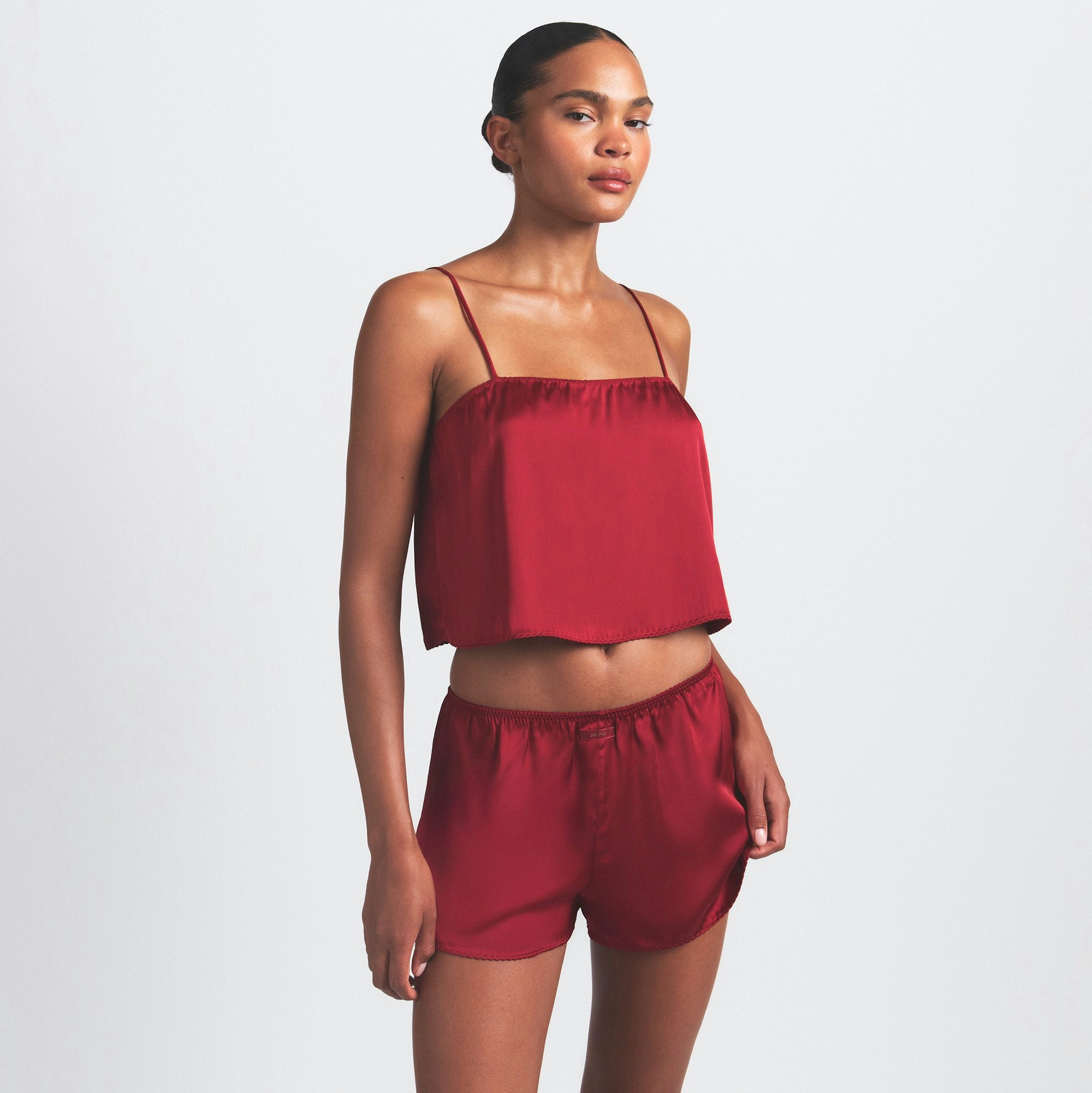 WOVEN SHINE CAMI AND SHORT SLEEP SET | BRICK ON A MODEL SIDE VIEW @ | FOCUS: 0.0, 1.0, 0.9