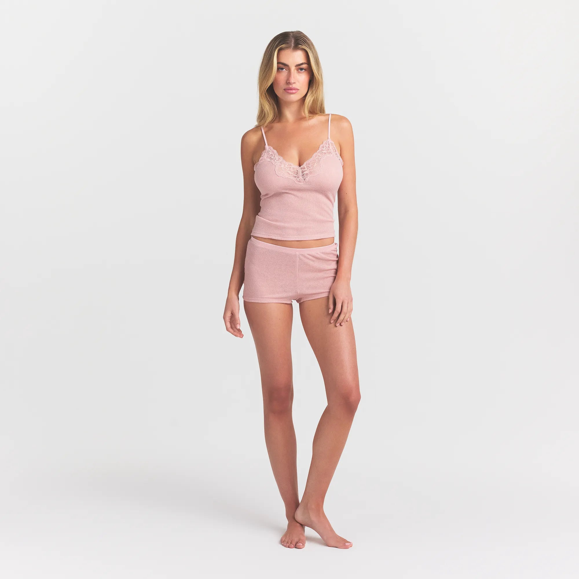 SHEER RIB LACE CAMI AND SHORT SET | MORGANITE ON A MODEL FRONT VIEW @ | FOCUS: 0.0, 1.0, 0.9