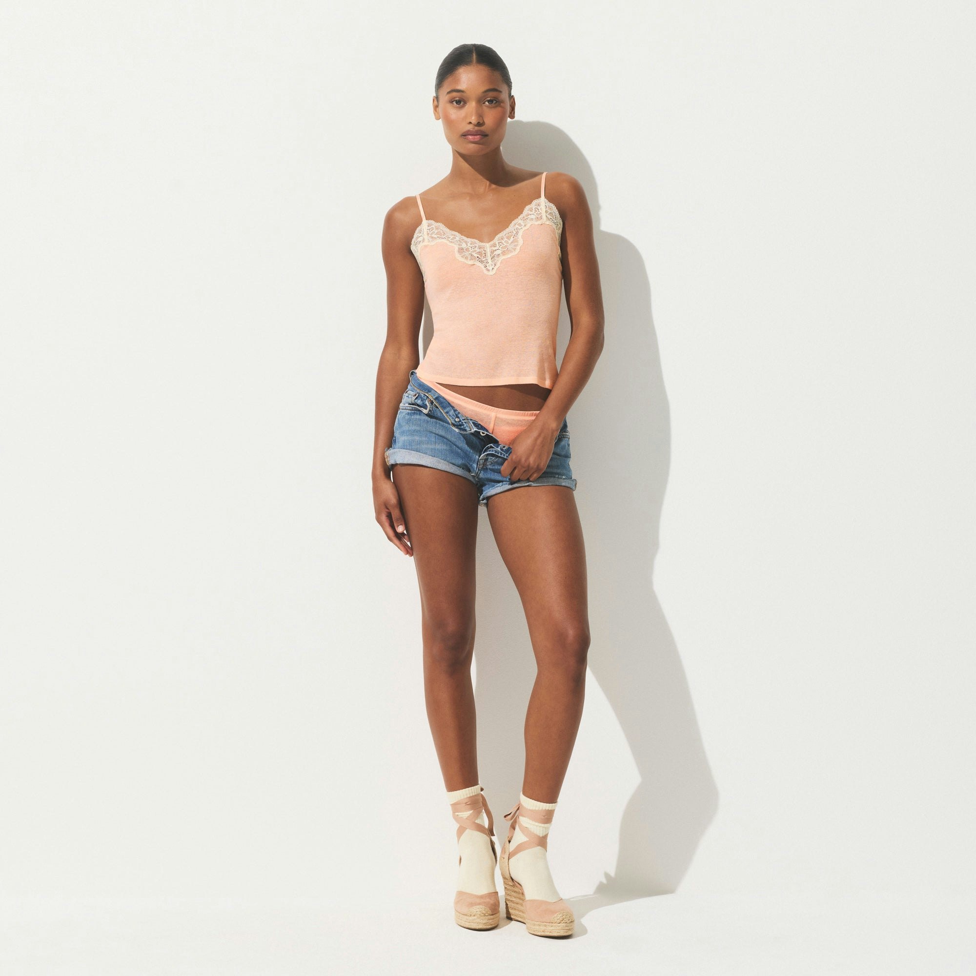 SHEER COTTON LACE CAMI AND SHORT SLEEP SET | VILLA ON A MODEL FRONT VIEW | FOCUS: 0.0, 1.0, 0.9