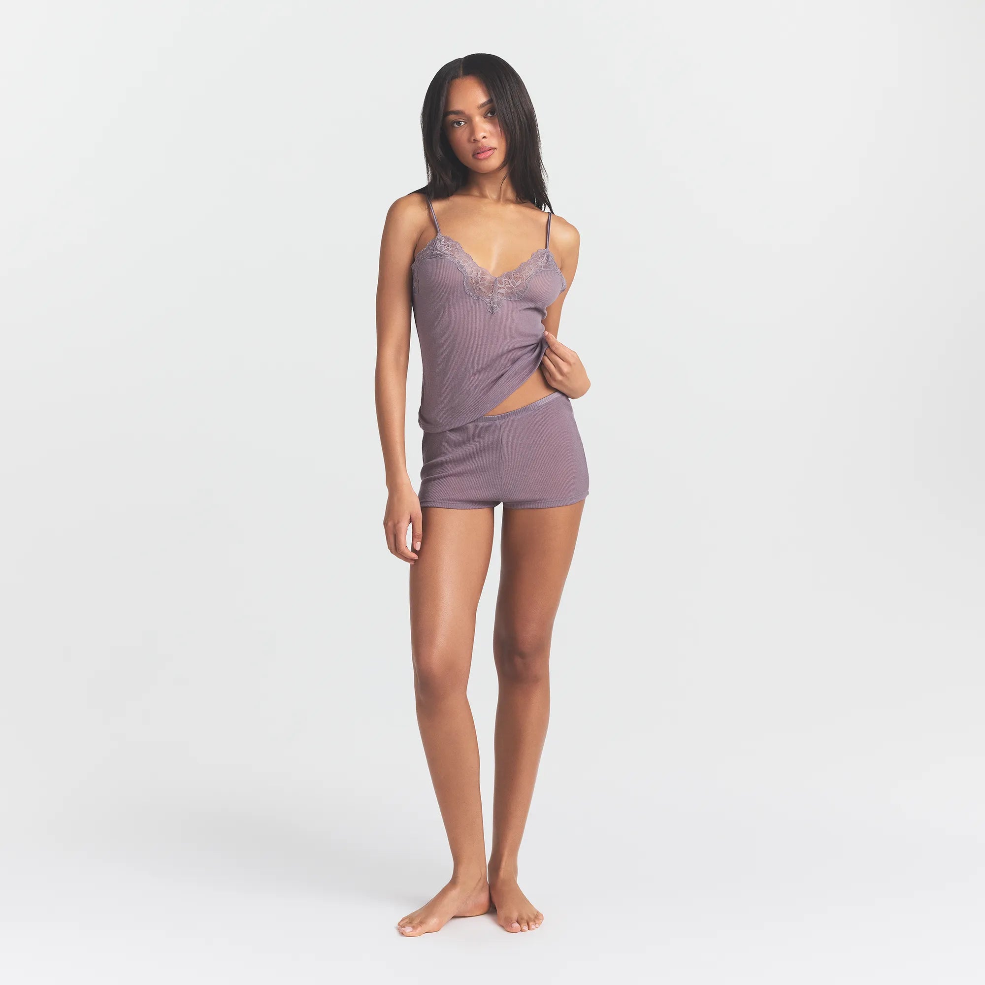SHEER RIB LACE CAMI AND SHORT SET | ZINC ON A MODEL FRONT VIEW @ | FOCUS: 0.0, 1.0, 0.9