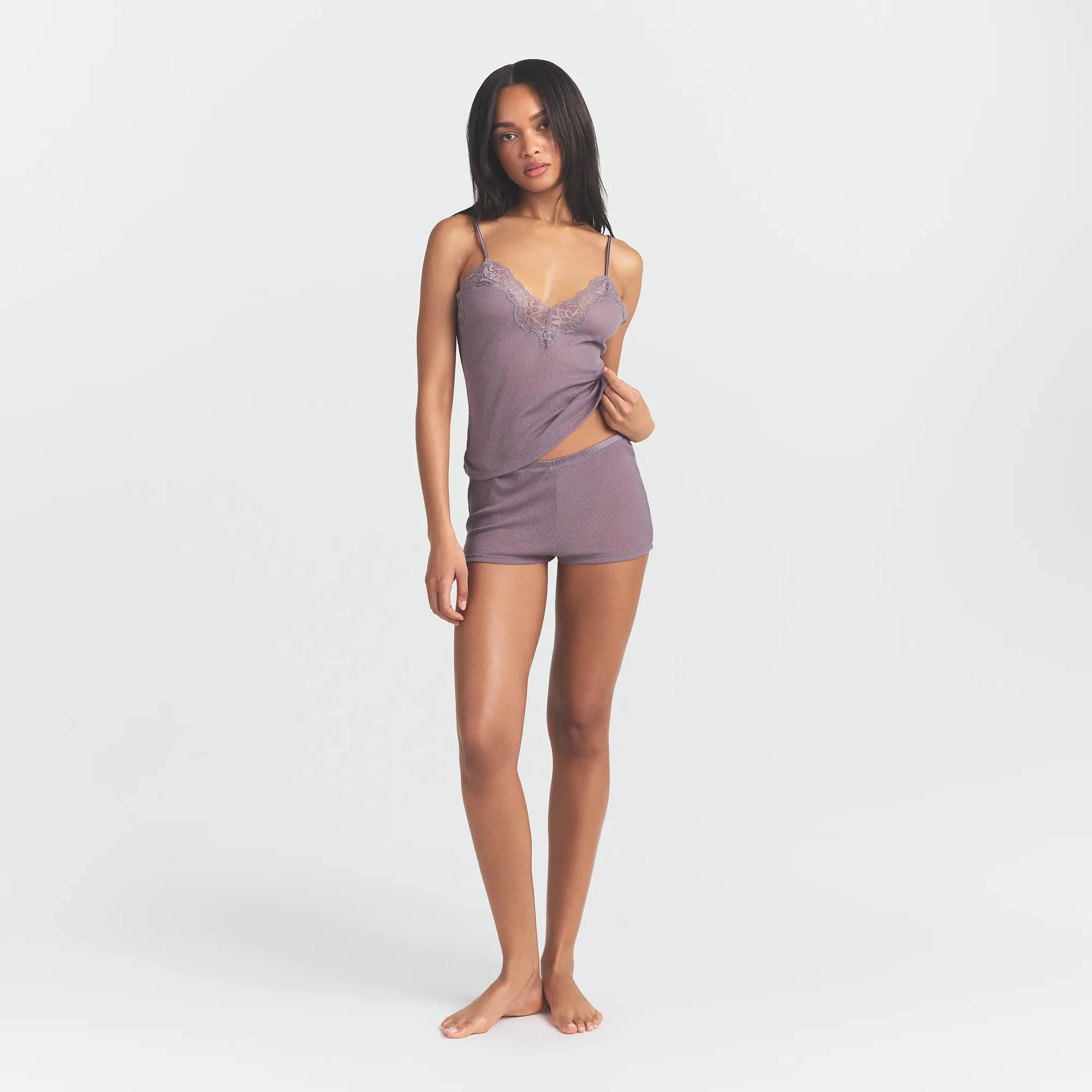 SHEER RIB LACE CAMI AND SHORT SET | ZINC ON A MODEL FRONT VIEW @ | FOCUS: 0.0, 1.0, 0.9
