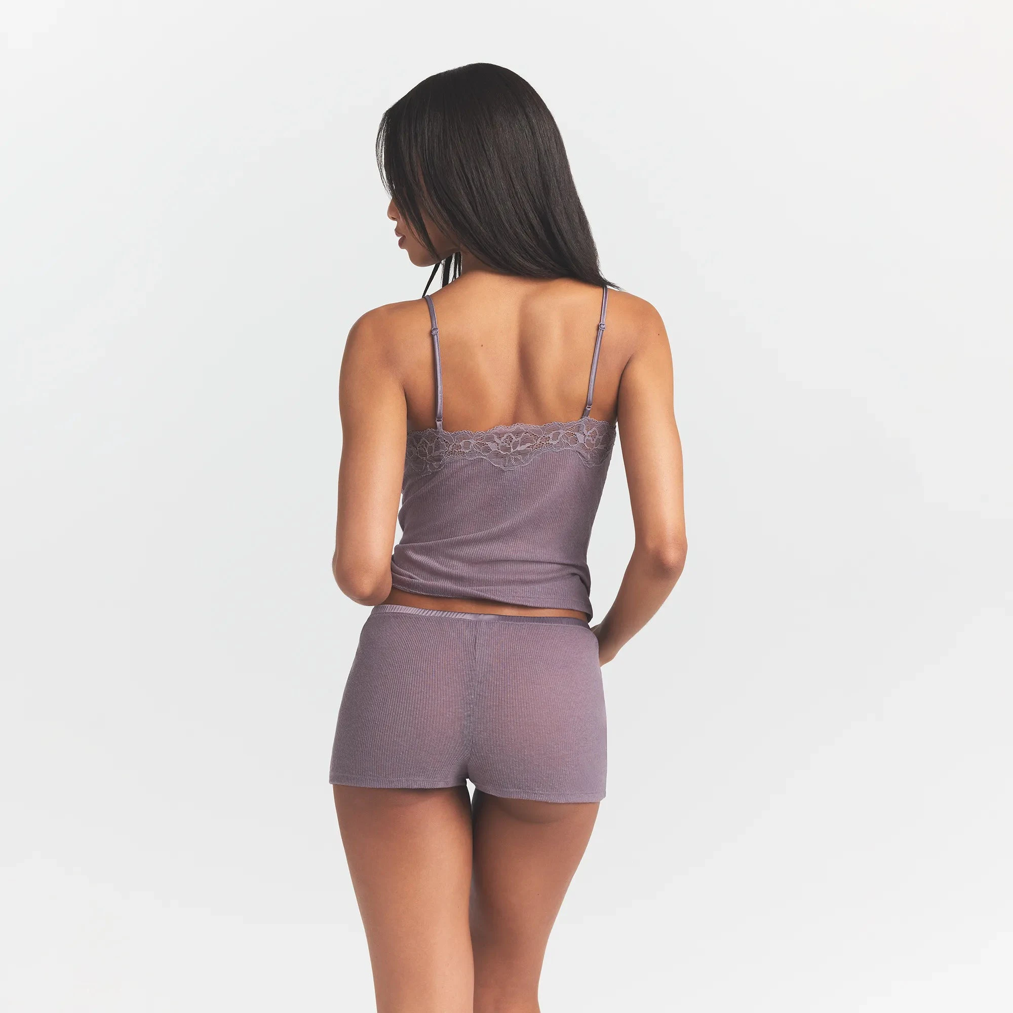 SHEER RIB LACE CAMI AND SHORT SET | ZINC ON A MODEL BACK VIEW @ | FOCUS: 0.0, 1.0, 0.9