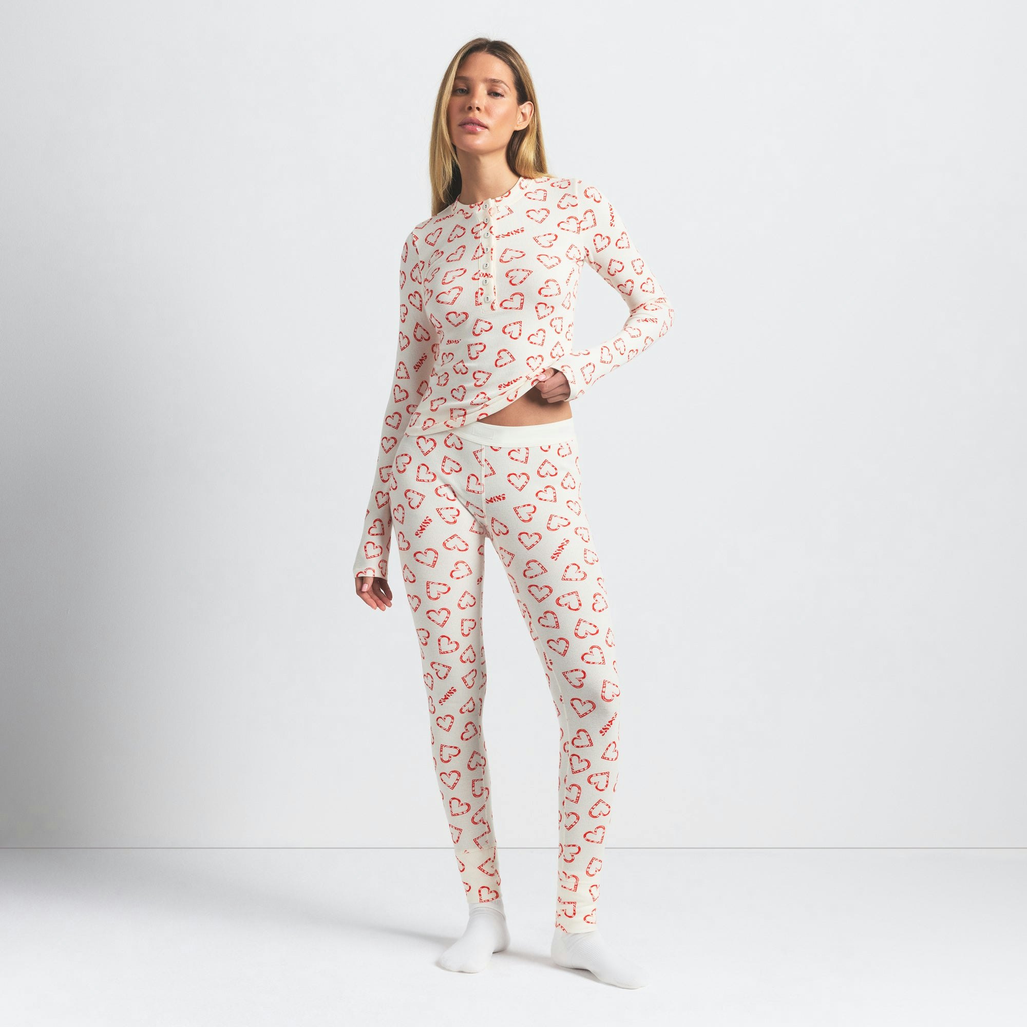 COTTON RIB HENLEY AND LEGGING SET | MARBLE CANDY HEART PRINT ON A MODEL FRONT VIEW @ | FOCUS: 0.0, 1.0, 0.9