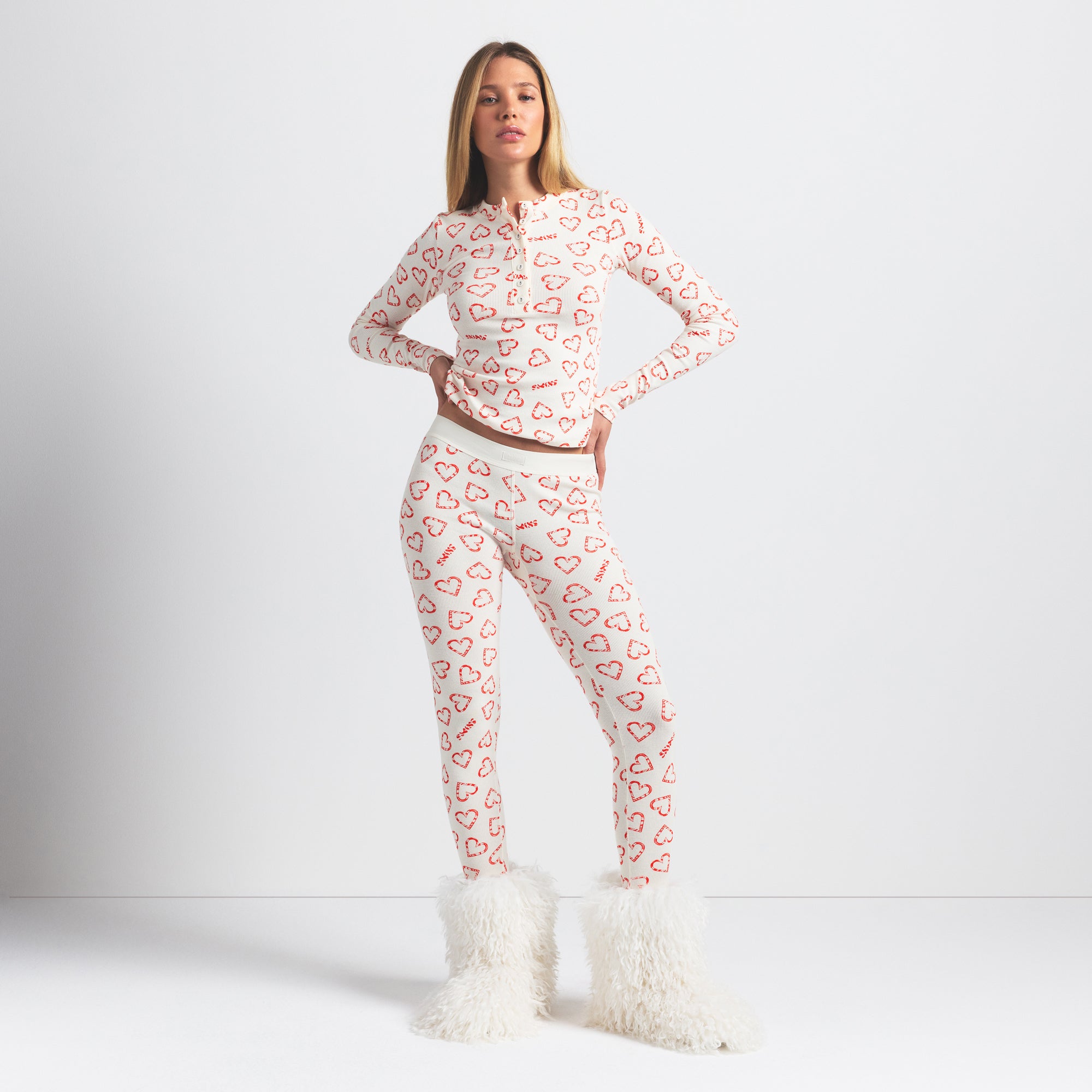 COTTON RIB HENLEY AND LEGGING SET | MARBLE CANDY HEART PRINT ON A MODEL FRONT VIEW @ | FOCUS: 0.0, 1.0, 0.9