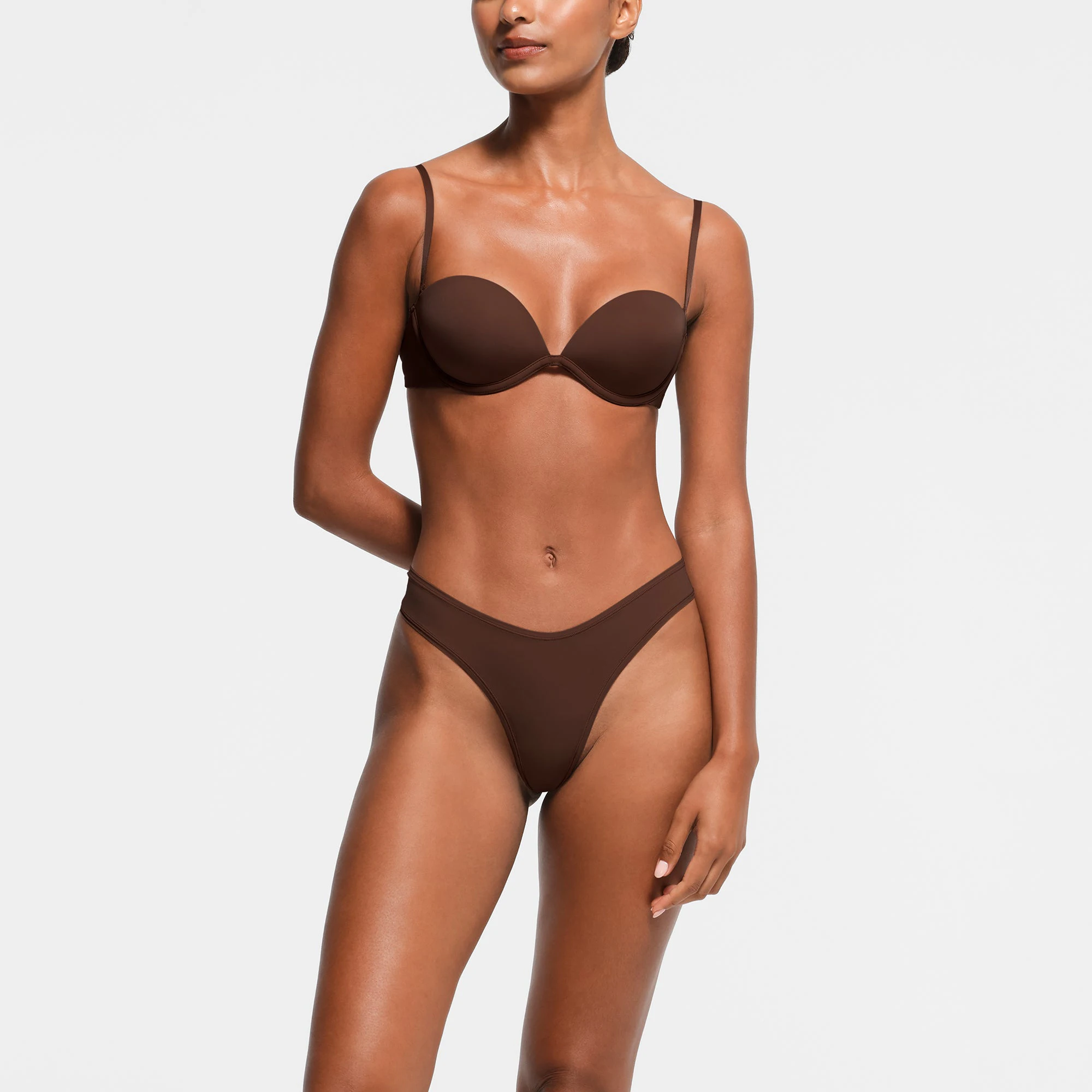 MULTI-WAY BRA | COCOA ON A MODEL FRONT VIEW