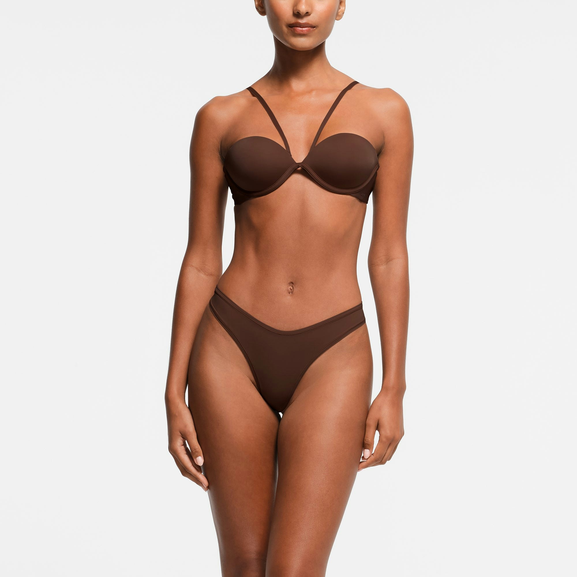 MULTI-WAY BRA | COCOA ON A MODEL FRONT VIEW
