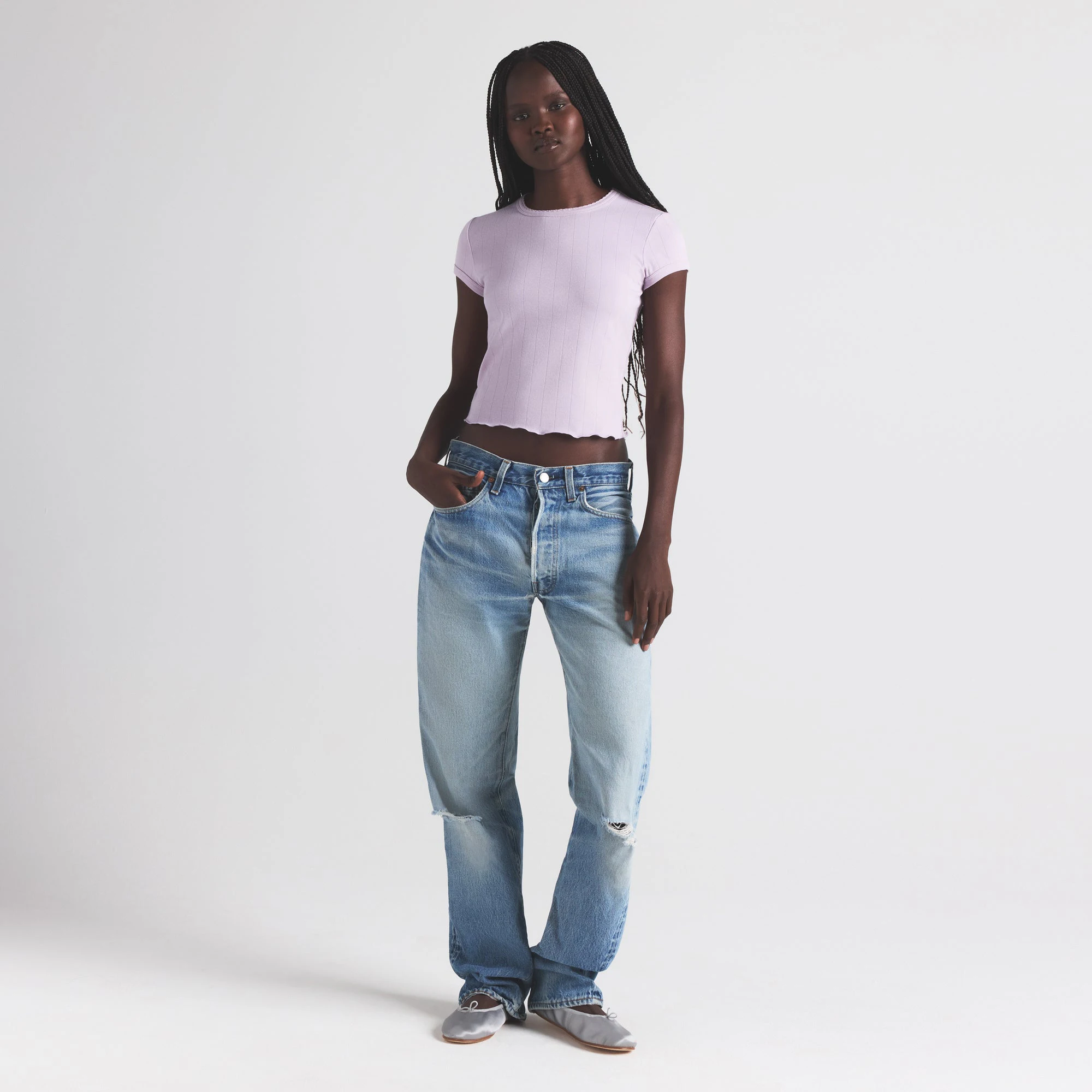 DROP NEEDLE POINTELLE BABY TEE | WISTERIA ON A MODEL FRONT VIEW | FOCUS: 0.0, 1.0, 0.9