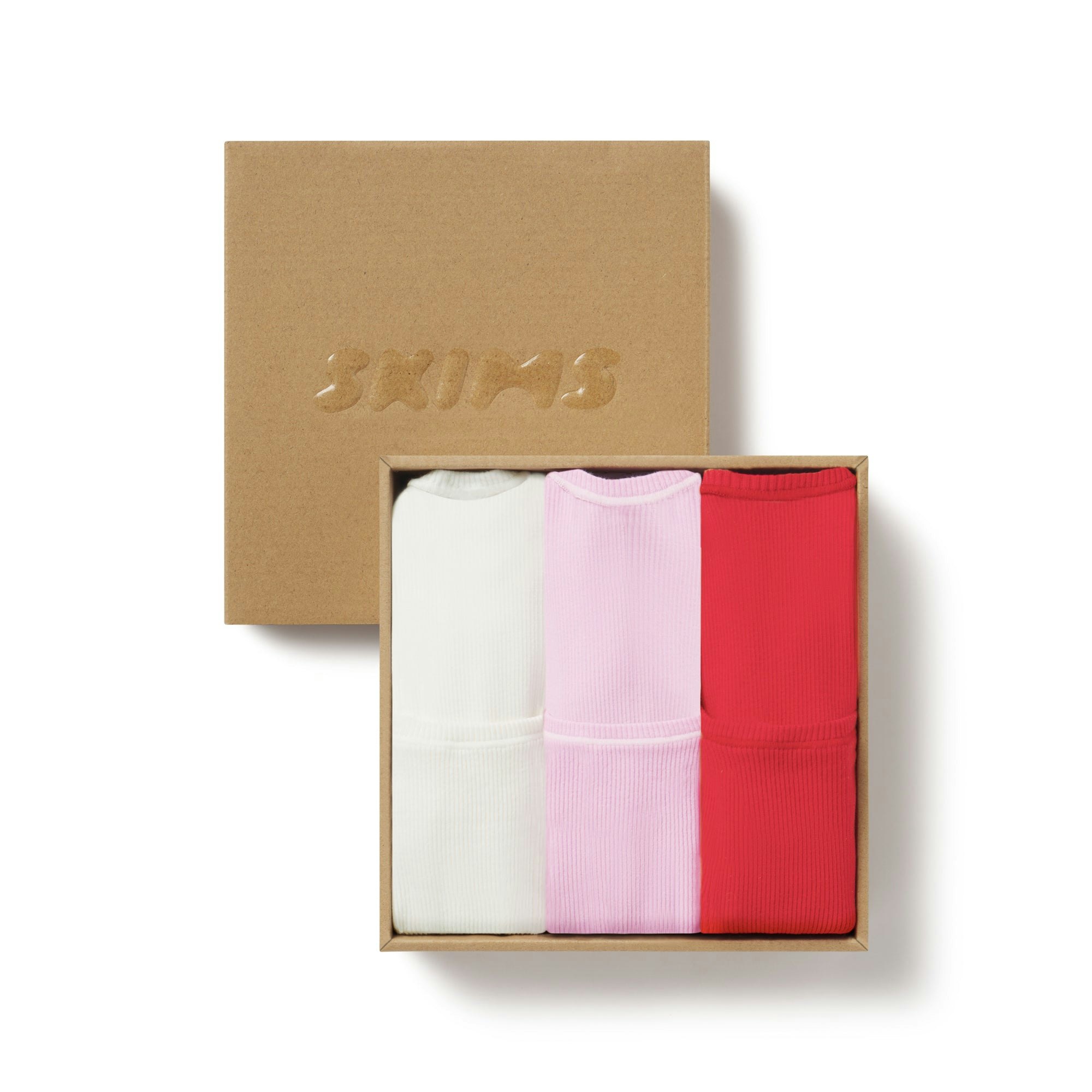 COTTON RIB TANK 3-PACK | RED BABY PINK MULTI LAYS FLAT ON A WHITE BACKGROUND | FLT