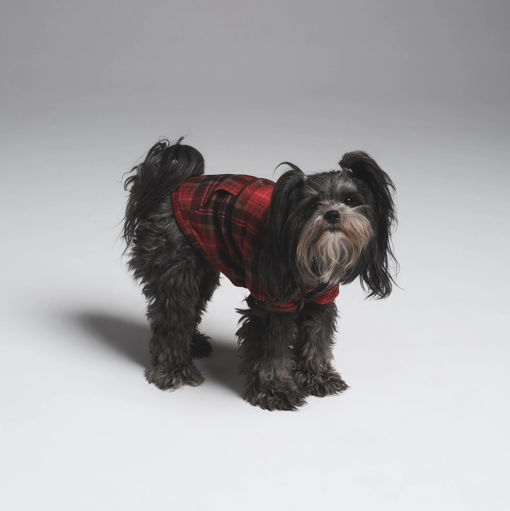 FLEECE SLEEP PET HOODIE | CRANBERRY PLAID ON A MODEL SIDE VIEW