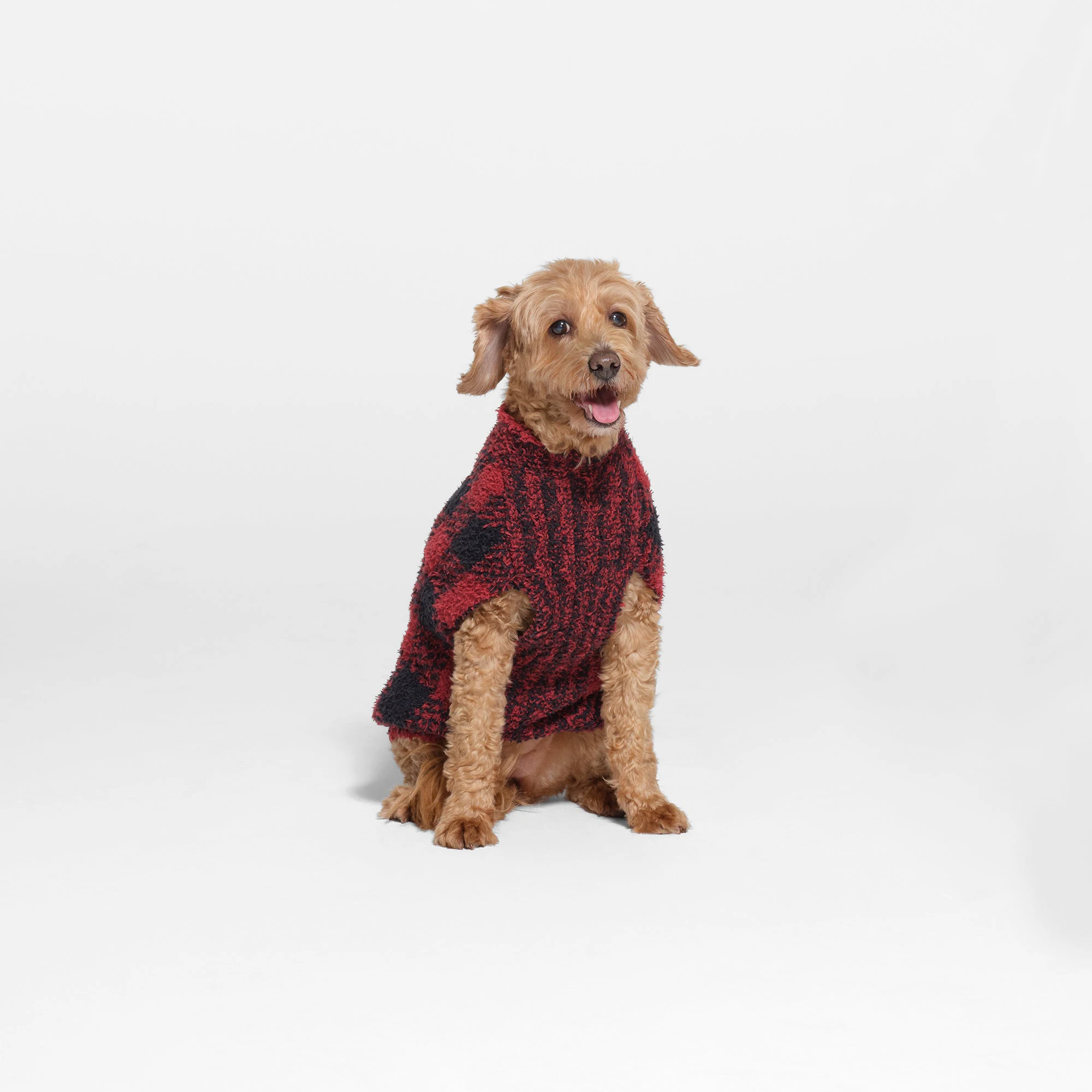 COZY KNIT PET SWEATER | BRICK BUFFALO CHECK ON A MODEL FRONT VIEW