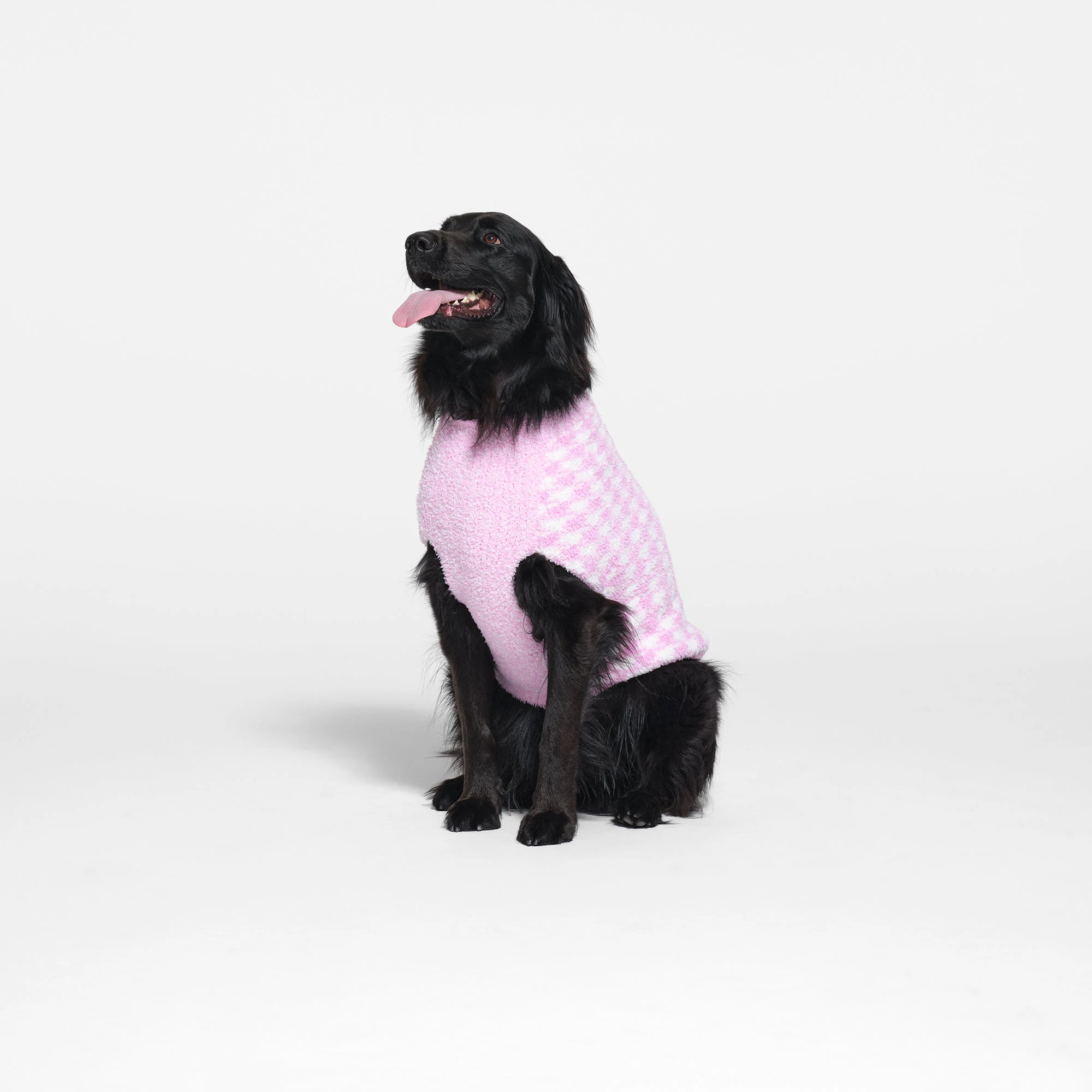 COZY KNIT PET SWEATER | COTTON CANDY HOUNDSTOOTH ON A MODEL FRONT VIEW