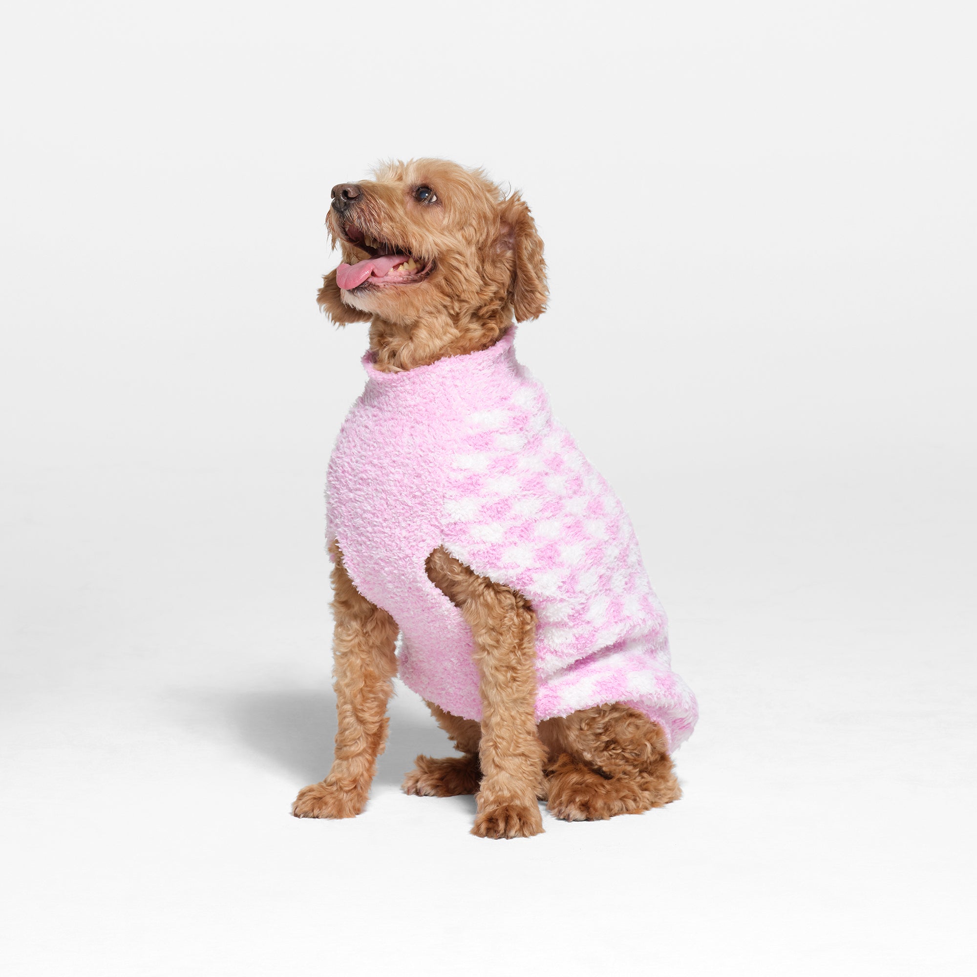 COZY KNIT PET SWEATER | COTTON CANDY HOUNDSTOOTH ON A MODEL FRONT VIEW