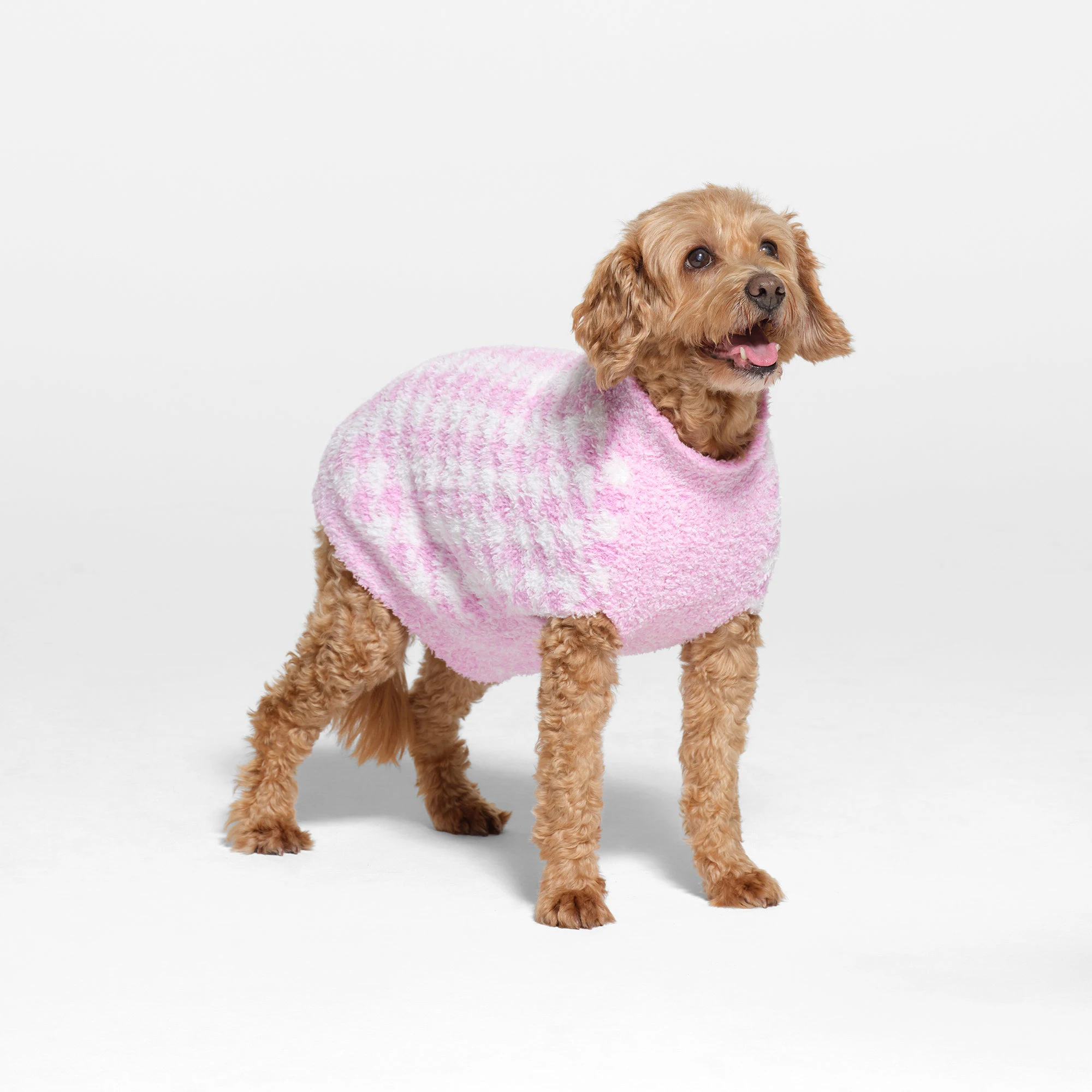 COZY KNIT PET SWEATER | COTTON CANDY HOUNDSTOOTH ON A MODEL SIDE VIEW