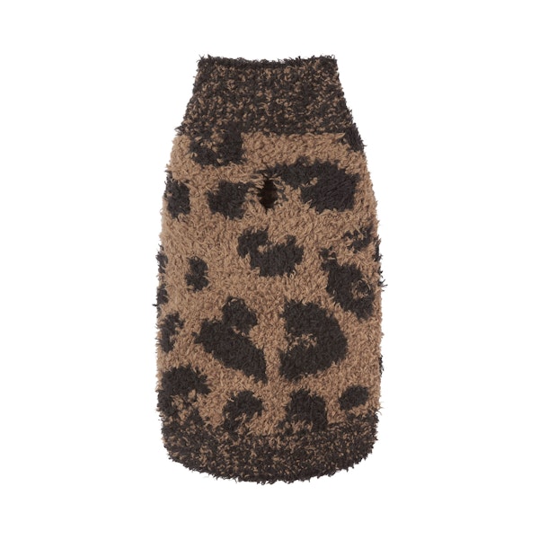 COZY KNIT PET SWEATER | LEOPARD PRINT ON A MODEL FRONT VIEW