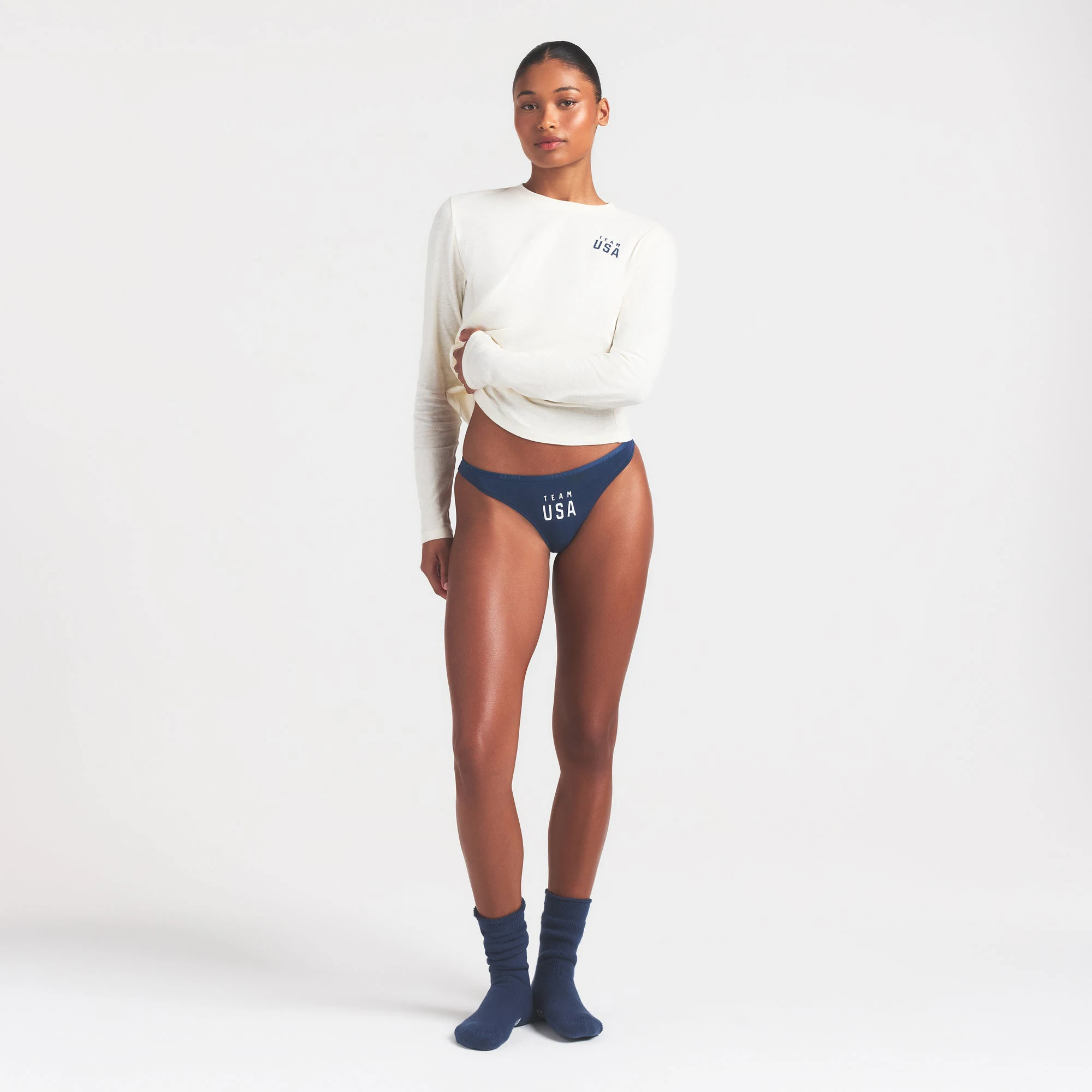 SKIMS FOR TEAM USA COTTON JERSEY OLYMPIC THONG 3-PACK | SKIMS FOR TEAM USA OLYMPIC MULTI ON A MODEL FRONT VIEW @ | FOCUS: 0.0, 1.0, 0.9