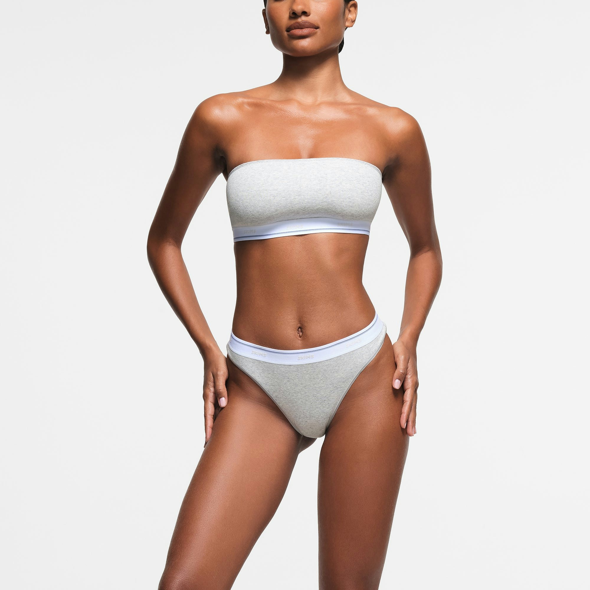 COTTON RIB THONG | LIGHT HEATHER GREY SPORT STRIPE ON A MODEL FRONT VIEW