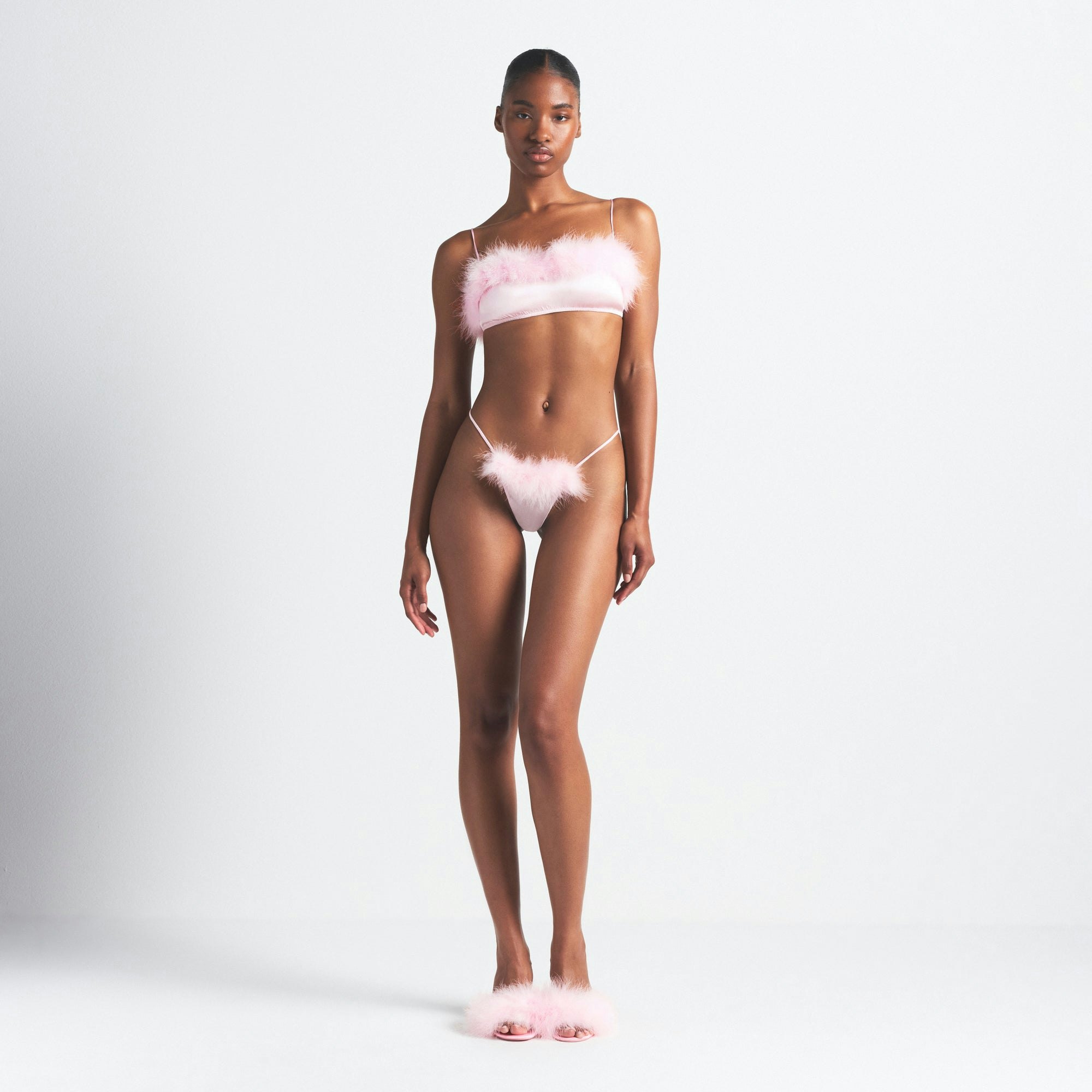SILK FEATHER TRIM BUTTERFLY THONG | CHERRY BLOSSOM ON A MODEL FRONT VIEW @ | FOCUS: 0.0, 1.0, 0.9
