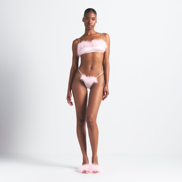 SILK FEATHER TRIM BUTTERFLY THONG | CHERRY BLOSSOM ON A MODEL FRONT VIEW @ | FOCUS: 0.0, 1.0, 0.9