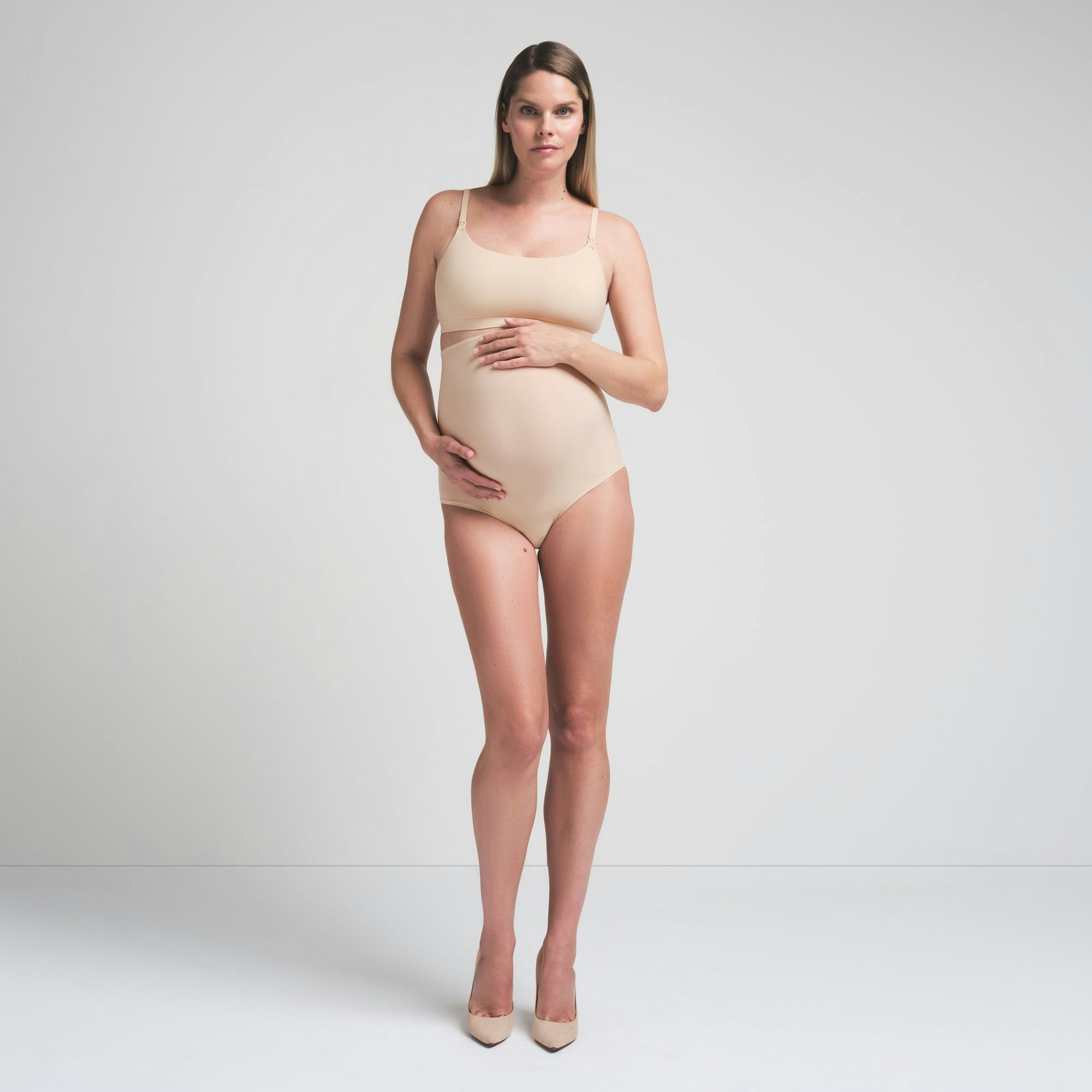 FITS EVERYBODY MATERNITY HIGH-WAISTED THONG | SAND ON A MODEL FRONT VIEW | FOCUS: 0.0, 1.0, 0.9